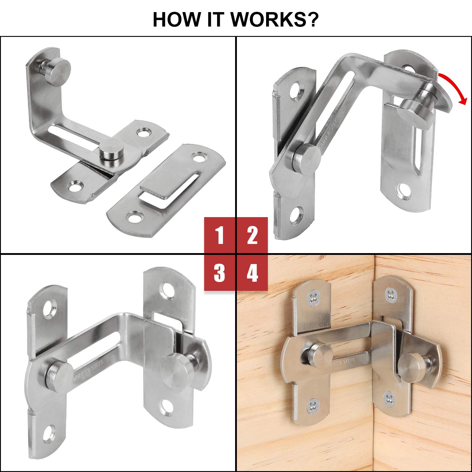 5-Pack Heavy Duty 90 Degree Stainless Steel Flip Door Latches - Brushed Finish Safety Gate Lock for Barn Doors, Pet Gates & Fences - Secure Your Home & Garden
