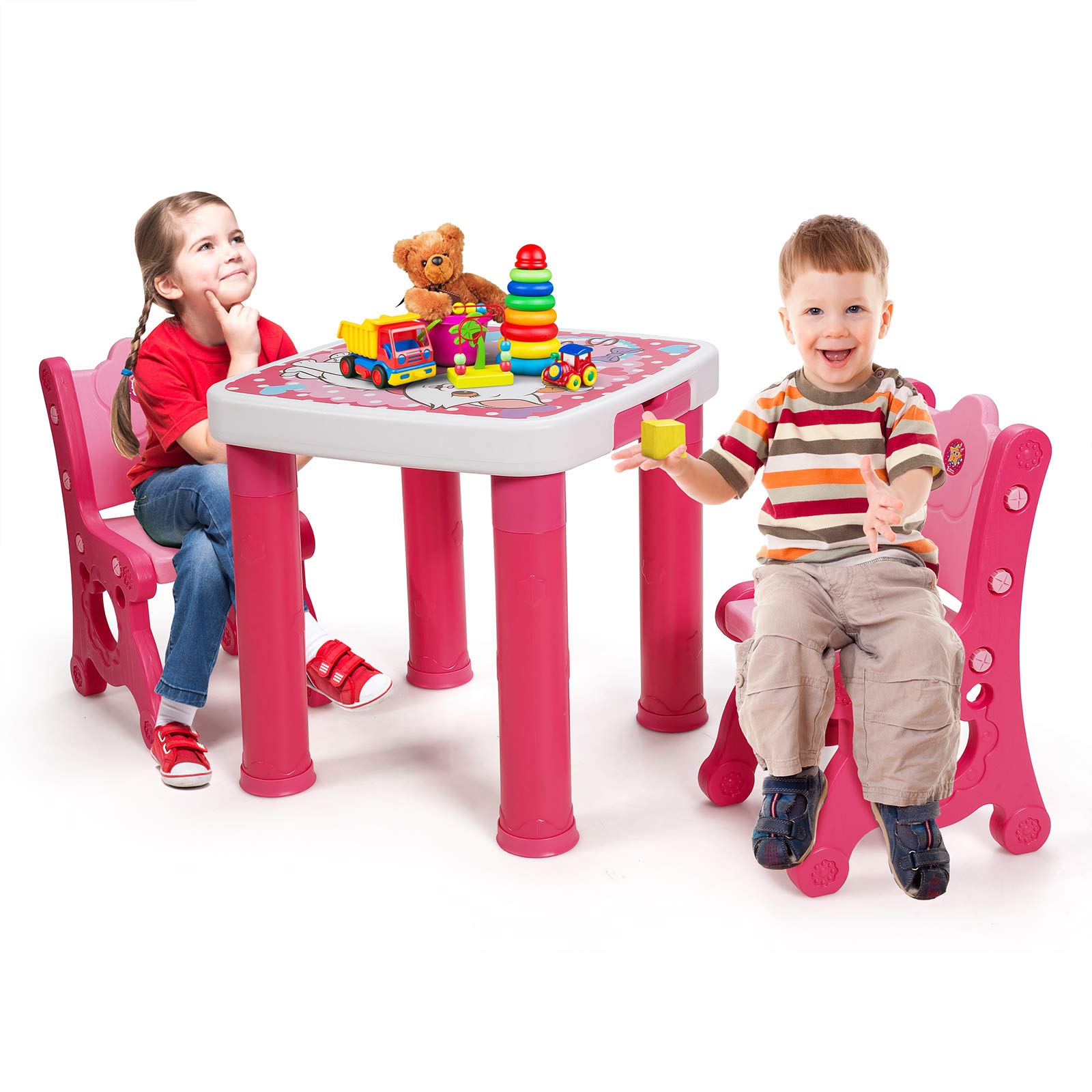 BETTARY 3-Piece Kids Table and Chair Set - Adjustable Toddler Activity Table with Storage Drawer & 2 Height-Adjustable Chairs, Multifunctional Learning Desk for Drawing, Snack Time & Play - Pink Kids Furniture Set for Home, Preschool & Daycare