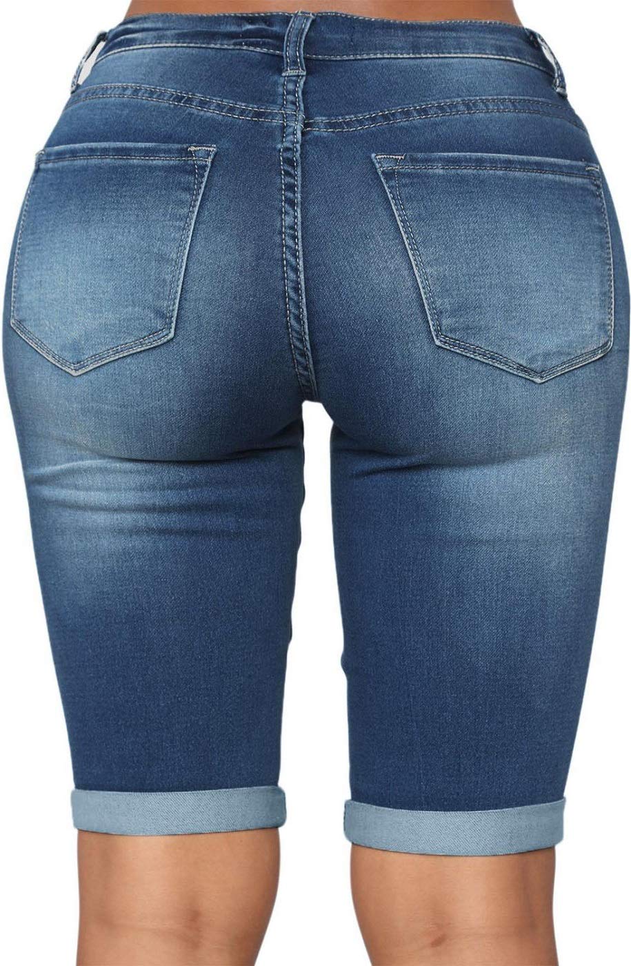 Roswear Women's Mid Rise Roll Cuff Bermuda Stretch Denim Jean Shorts - Comfortable Casual Summer Shorts for Beach, Travel & Everyday Wear