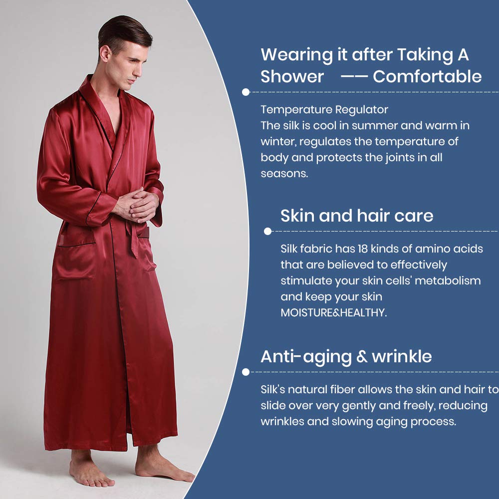 Luxury 100% Silk Men's Robe - Full Length Bathrobe with Contrast Trim for Spa, Lounge & Home Relaxation