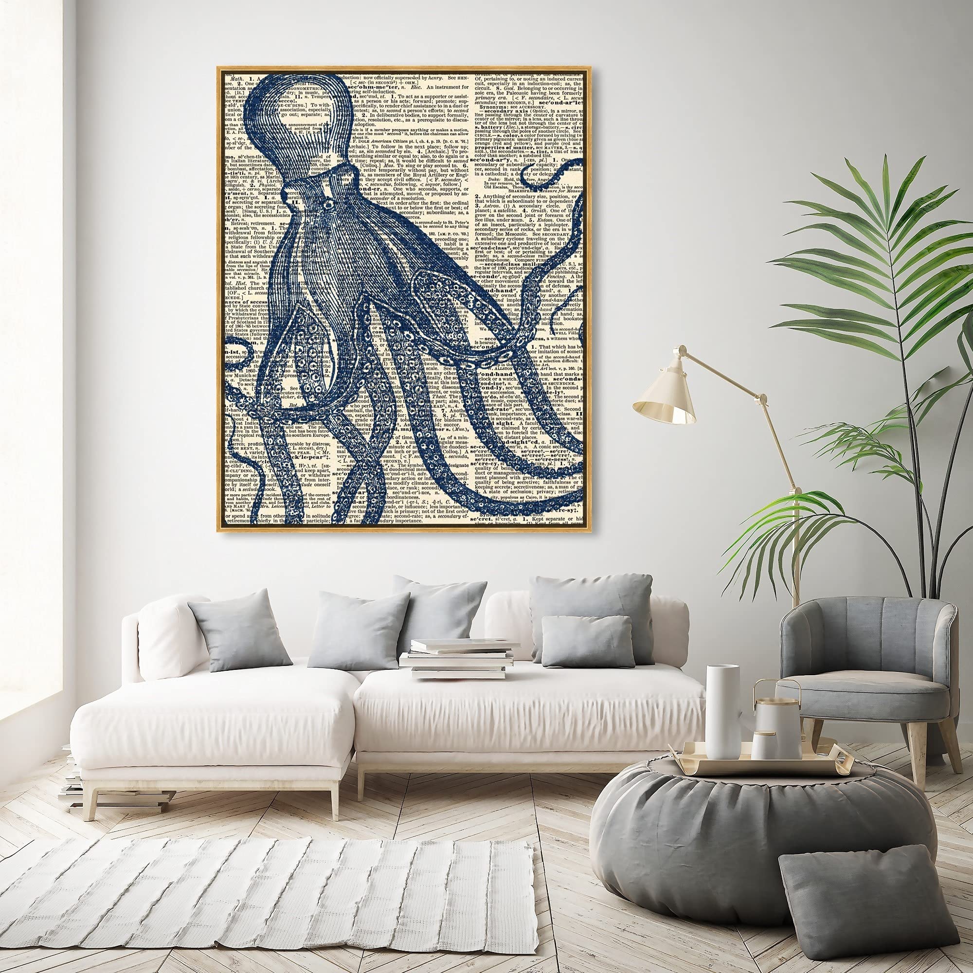 **Oliver Gal Artist Co. Nautical & Coastal Wall Art – Framed Canvas Print of Marine Life Octopus – Home Decor Dictionary Style – 36