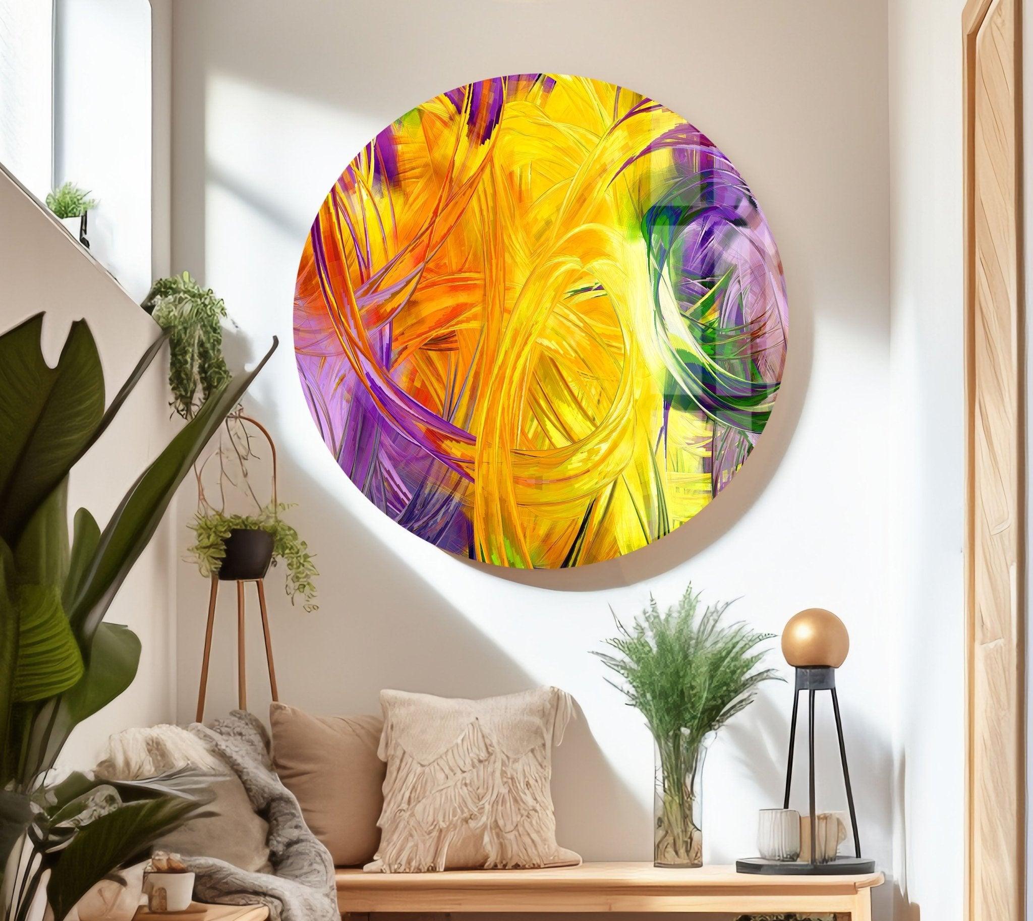 Abstract Art Yellow Fractal Glass Wall Decor - Modern Geometric Artwork for Living Room, Bedroom & Office Decor