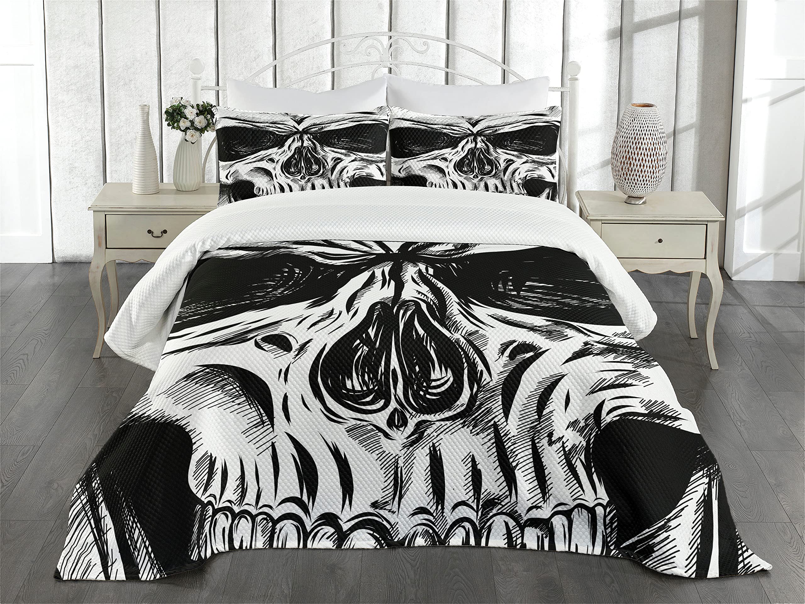 Ambesonne Halloween Bedspread Set - Gothic Skull Face Skeleton Illustration, 3-Piece Bedding with 2 Pillow Shams, King Size Black & White | Spooky Home Decor for Halloween Party & Gothic Bedroom Theme