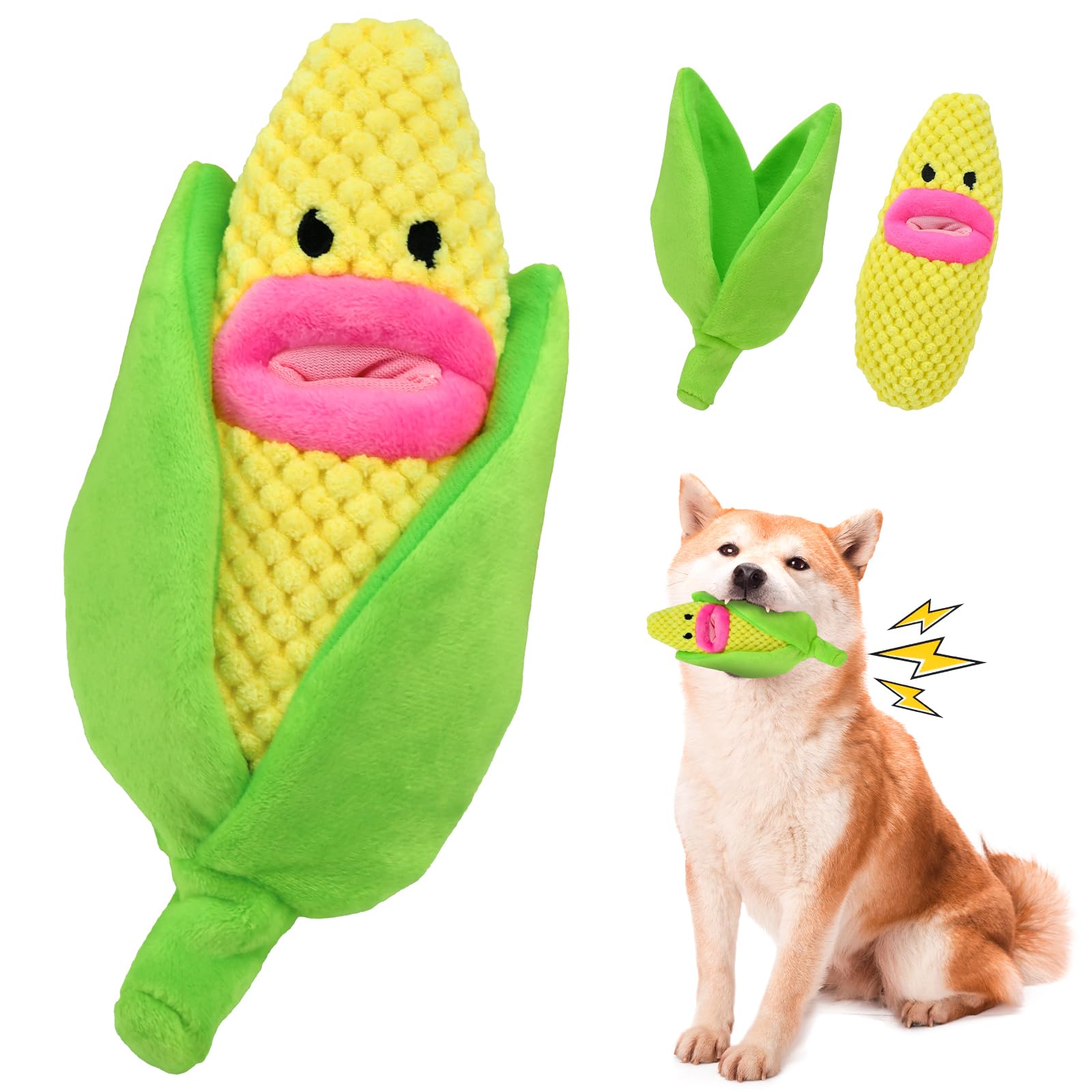 Vehomy 2-in-1 Squeaky Corn Dog Toy - Interactive Plush Puzzle Chew Toy with Crinkle Paper & Squeaker for Small & Medium Dogs - Great for Teething Relief, Training, and Playtime Fun