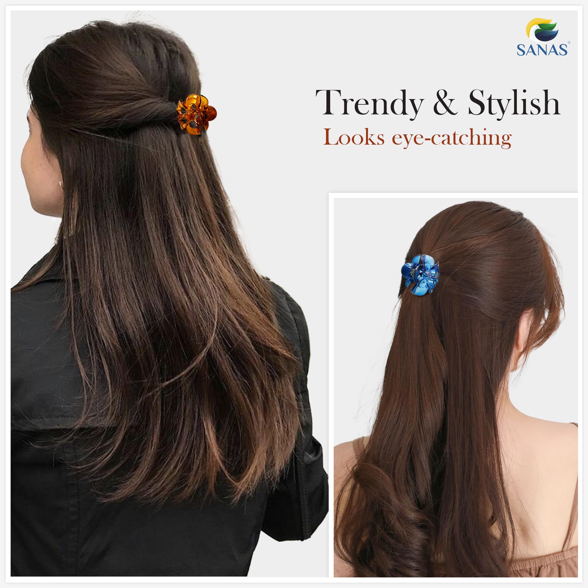 Sanas Small Hair Clips for Women & Girls - 4PCS Korean Style Claw Clutch Hair Accessories (Brown, Black, Flower Design) - Perfect for School, Work, Parties & Everyday Styling