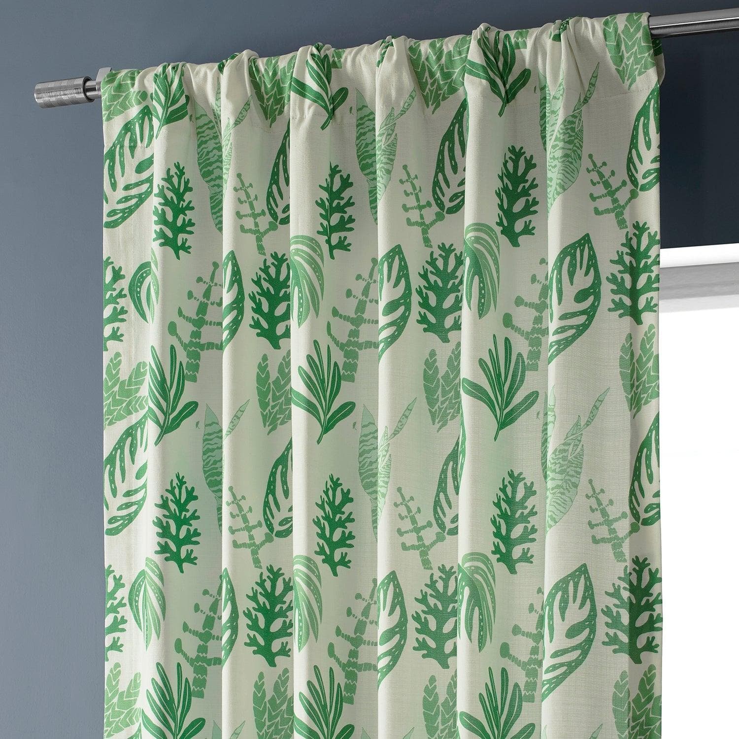 Palm Beach Green Floral Textured Printed Cotton Curtains - Elegant Window Treatments for Living Room, Bedroom & Coastal Home Decor