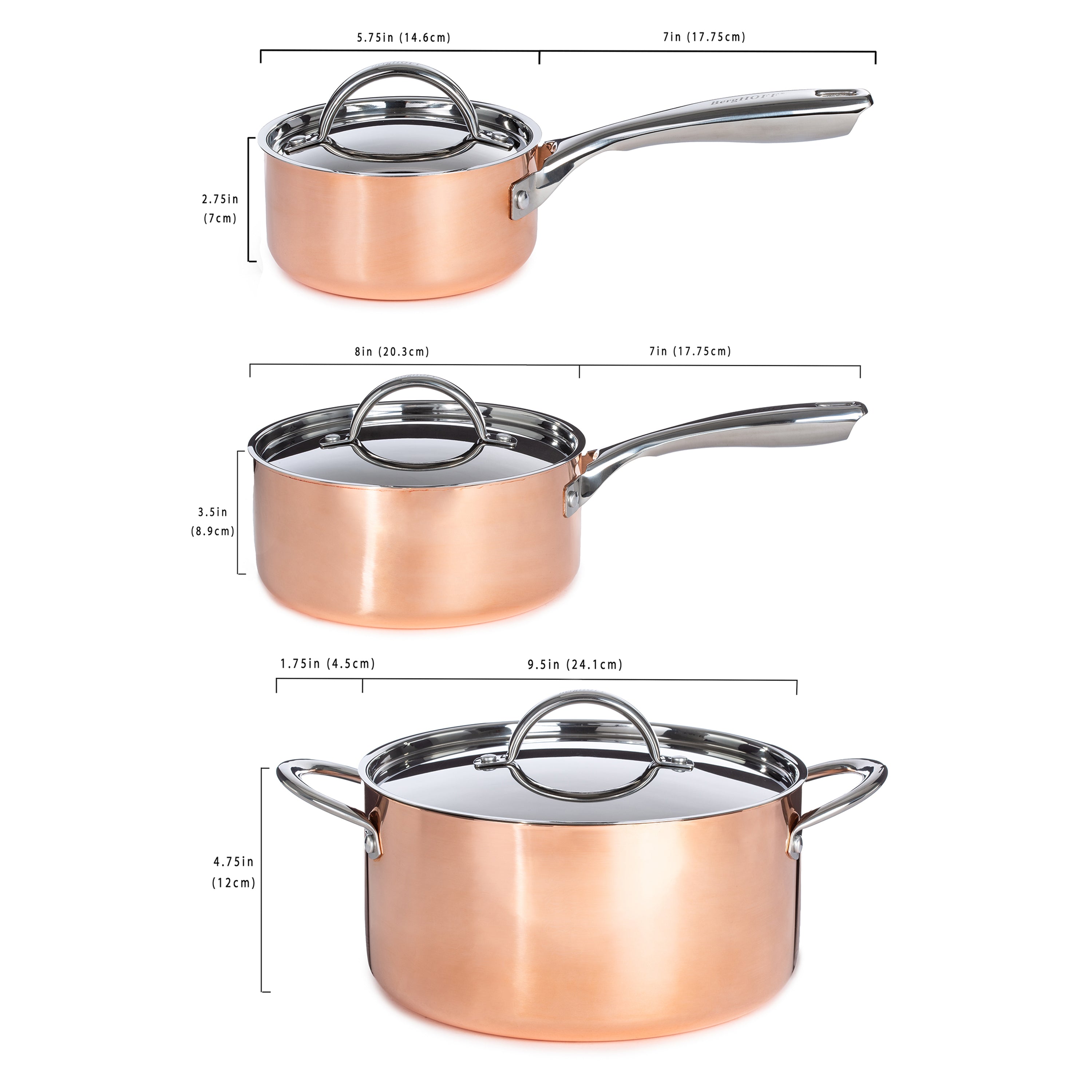 BergHOFF Vintage 6-Piece Tri-Ply Copper Cookware Set with Lids - Polished Stainless Steel Pots & Pans for Professional Cooking, Baking & Entertaining