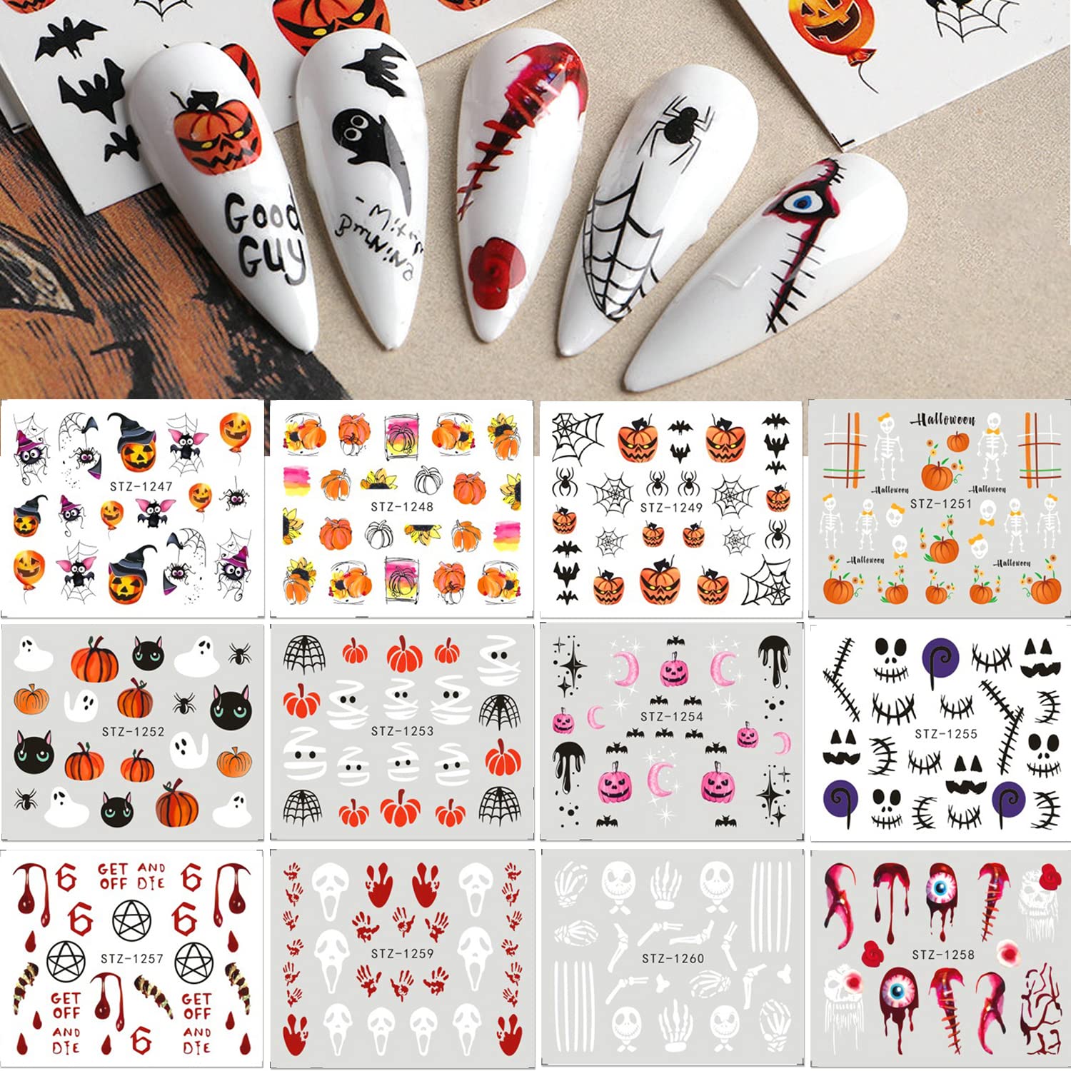 Halloween Nail Art Stickers - 24 Sheets Water Transfer Decals with Pumpkin, Skull & Spider Web Designs | Nail Art Supplies for Women | Perfect for Halloween Parties, Manicure Decor & DIY Nail Art Projects