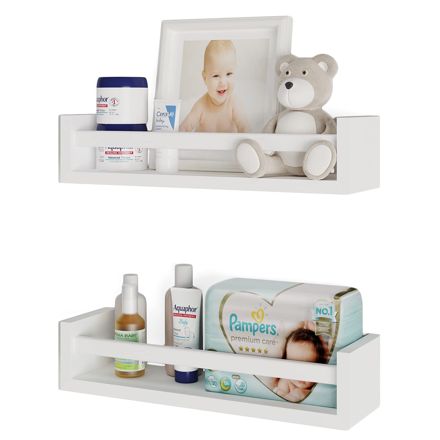 Elba Floating Bookshelves for Kids - Set of 2 White Wall-Mounted Nursery Shelves | Space-Saving Book Storage for Bedroom, Playroom & Classroom Decor