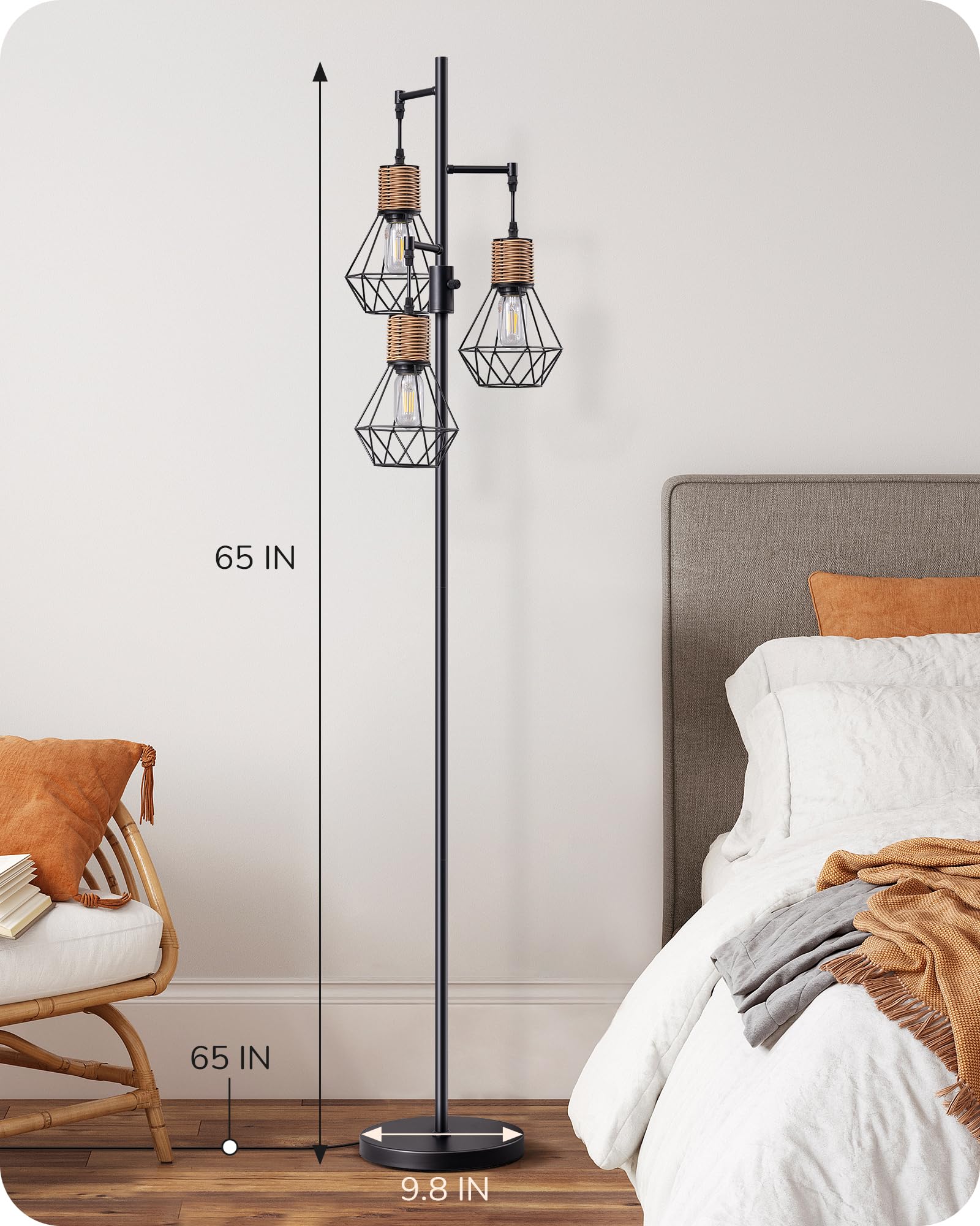 Dimmable Industrial Floor Lamp with 3 LED Edison Bulbs - Farmhouse Standing Light for Living Room, Bedroom & Office - Rustic Rattan Reading Lamp with Diamond Cage Design (Black) | Perfect for Cozy Reading Nooks, Home Office Lighting & Farmhouse Decor