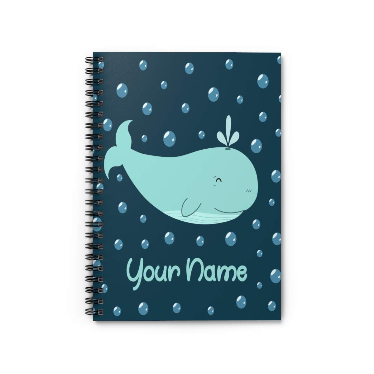 Custom Whale Spiral Notebook - Personalized Blue Bubbles Whale Design Journal for Kids, Teens, Girls & Women | School Supplies, Birthday Gifts, Creative Writing & Note Taking