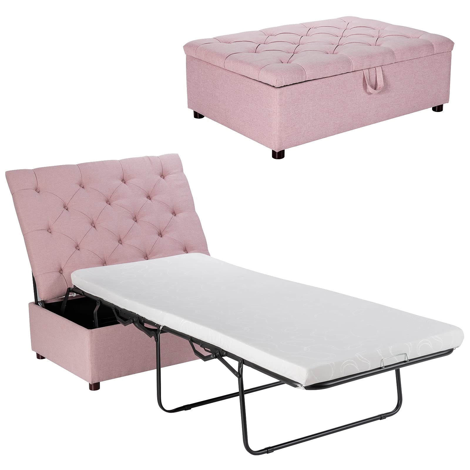 Giantex Ottoman Folding Bed with Mattress - Convertible Chair to Sofa Bed, Steel Frame Sleeper Couch for Guest & Lounge - Dual Use Living Room, Bedroom & Office Furniture (Pink) | Perfect for Small Spaces, Overnight Guests & Multi-Functional Home Decor