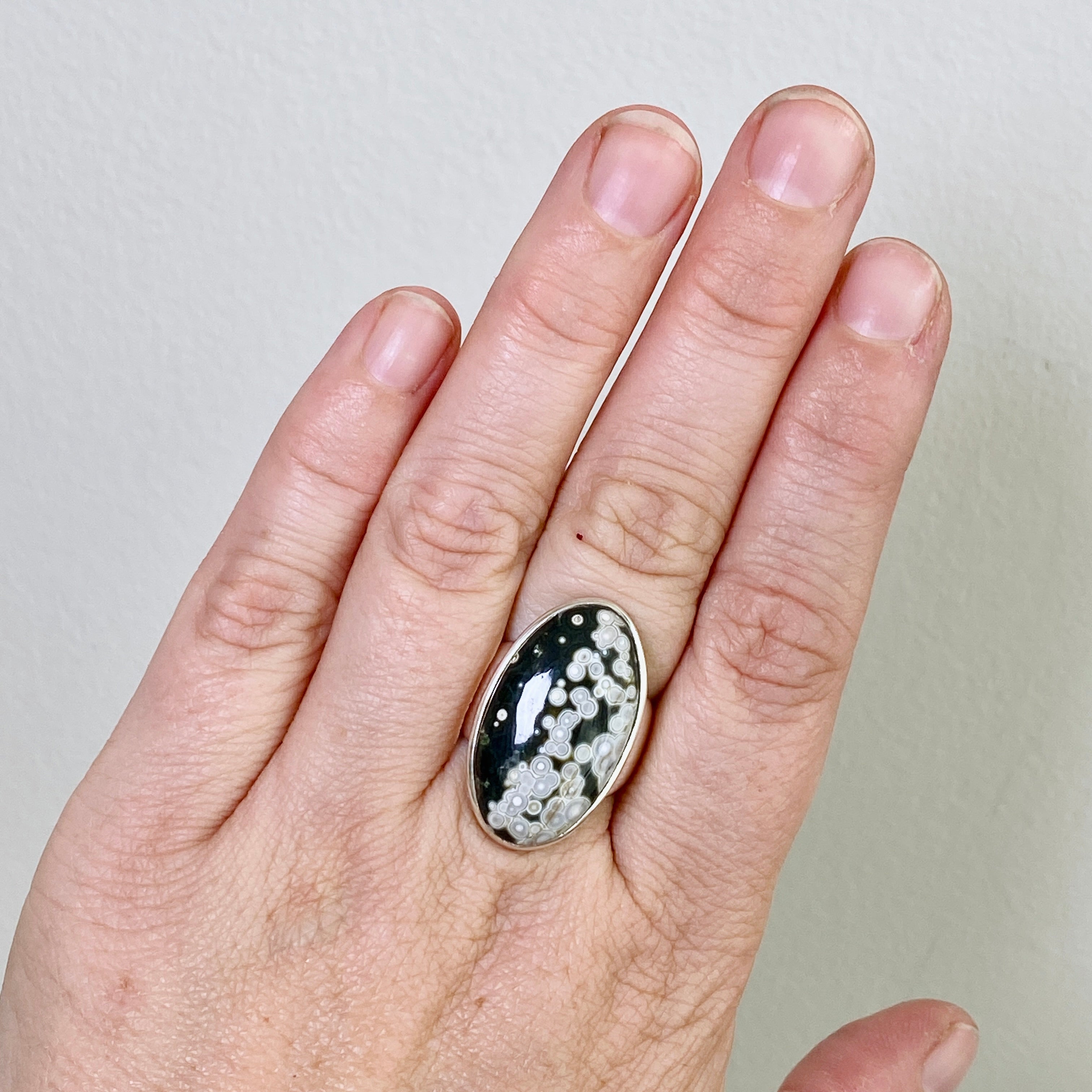 Ocean Jasper Oval Cabochon Ring Size 7.5 - Natural Stone Jewelry for Women, Handmade Sterling Silver Boho Ring - Perfect for Gift, Wedding, or Everyday Wear