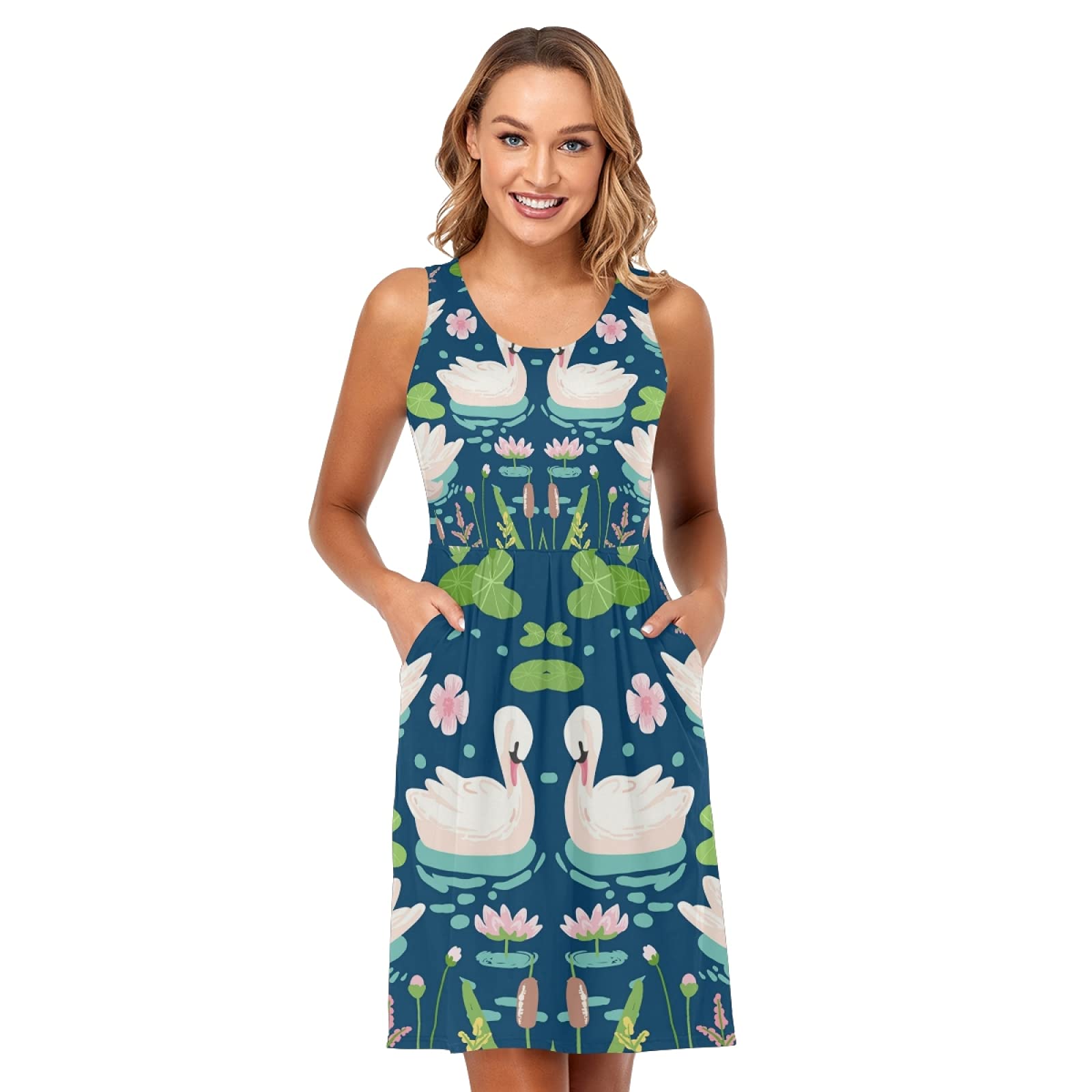 White Swans Water Lilies Green Leaves Print Women's Summer Sleeveless Casual Dress - Flowy Swing Cover Up Sundress with Pockets, T-Shirt Tank Dress for Beach, Poolside, Garden Parties (Size M)