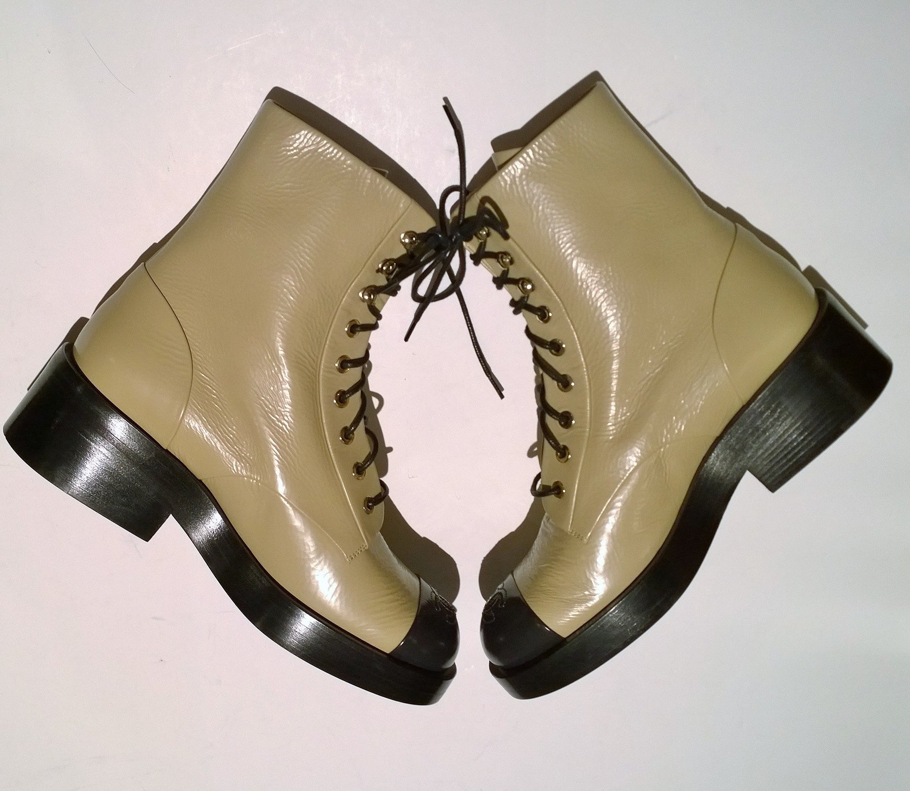 Chanel Beige Leather Ankle Boots with Black Cap Toe - Platform Lace Up Booties for Women | New in Box | Perfect for Fall Fashion & Night Out Outfits