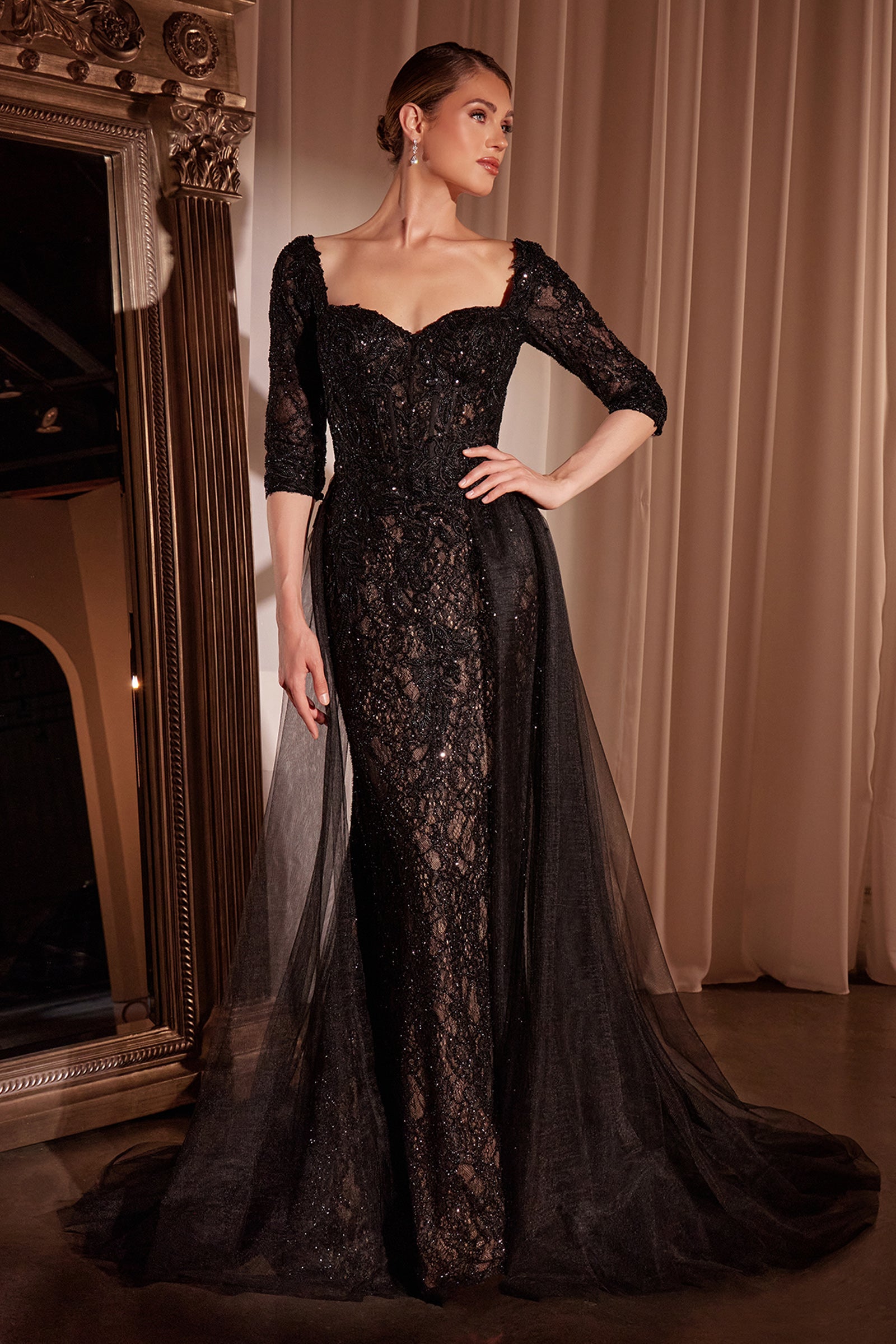 Elegant Liesel Gown - Long Sleeve Lace Fitted Dress with Detachable Overskirt for Women | Perfect for Weddings, Parties & Formal Events