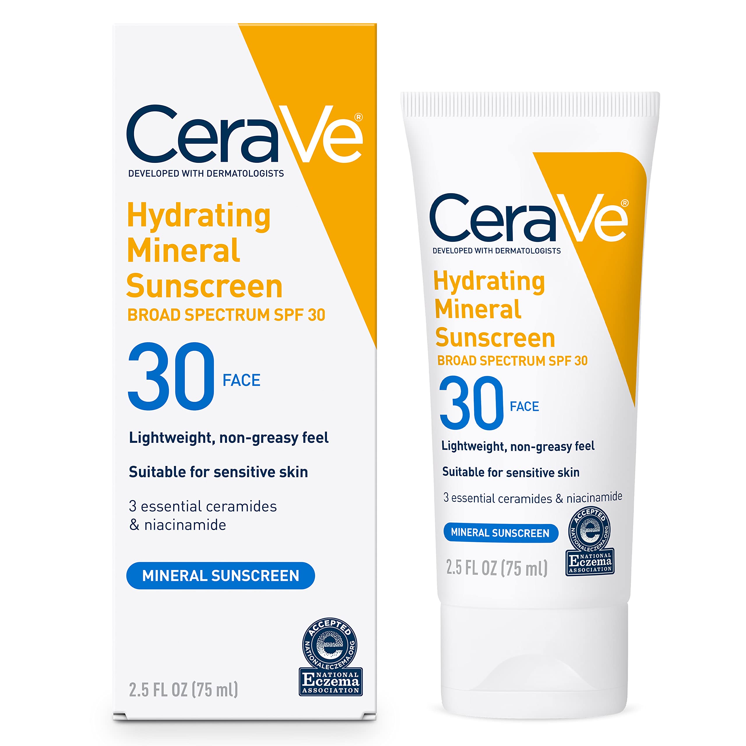 CeraVe 100% Mineral Sunscreen SPF 30 for Face - Zinc Oxide & Titanium Dioxide Sunblock with Hyaluronic Acid, Niacinamide & Ceramides | Oil-Free, Non-Greasy | Travel Size 2.5 oz | Daily UV Protection for Sensitive Skin | Perfect for Beach, Outdoor Activities & Everyday Use
