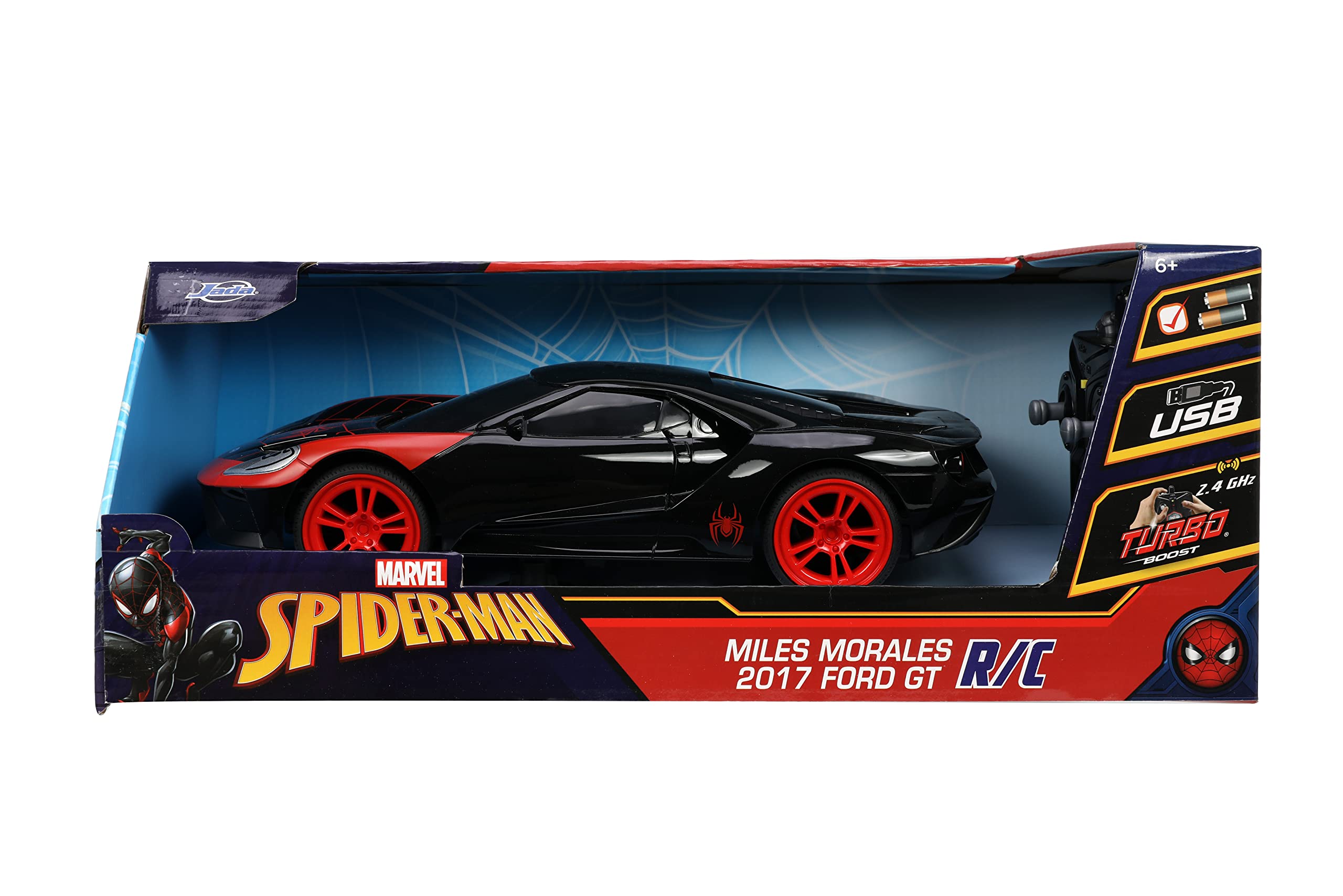 Jada Toys Marvel Spider-Man 1:16 Scale Miles Morales 2017 Ford GT RC Remote Control Car - 2.4GHz Fast Racing Toy for Kids & Adults - Black Superhero Vehicle for Indoor & Outdoor Play