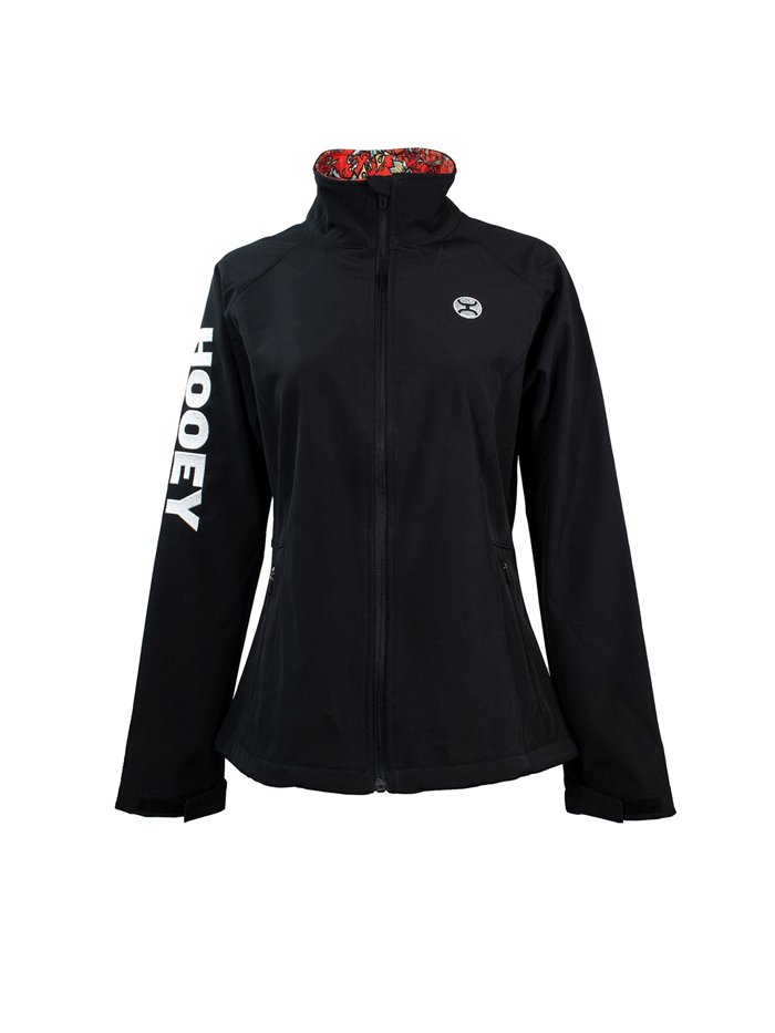 Hooey HJ105BK Women's Softshell Jacket with Red Floral Print Lining - Black Waterproof Windbreaker for Outdoor Hiking, Camping & Casual Wear