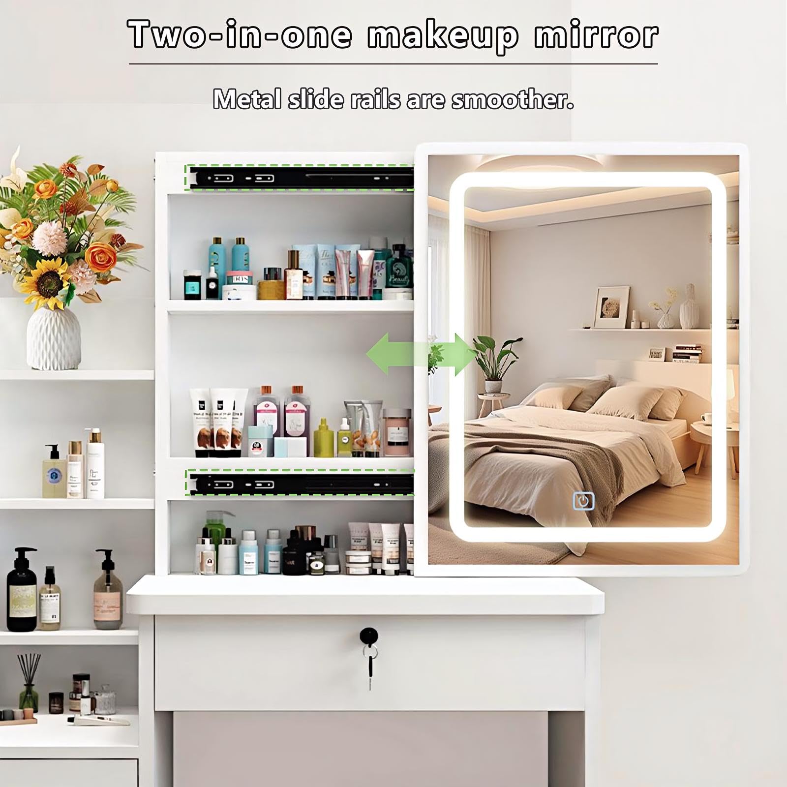 European Style Vanity Desk with Mirror and LED Lights - 3 Lighting Modes, Dressing Table with Drawers & Open Storage Shelves, White Makeup Vanity for Bedroom | Perfect Gift for Women & Girls, Ideal for Daily Beauty Routine and Home Decor