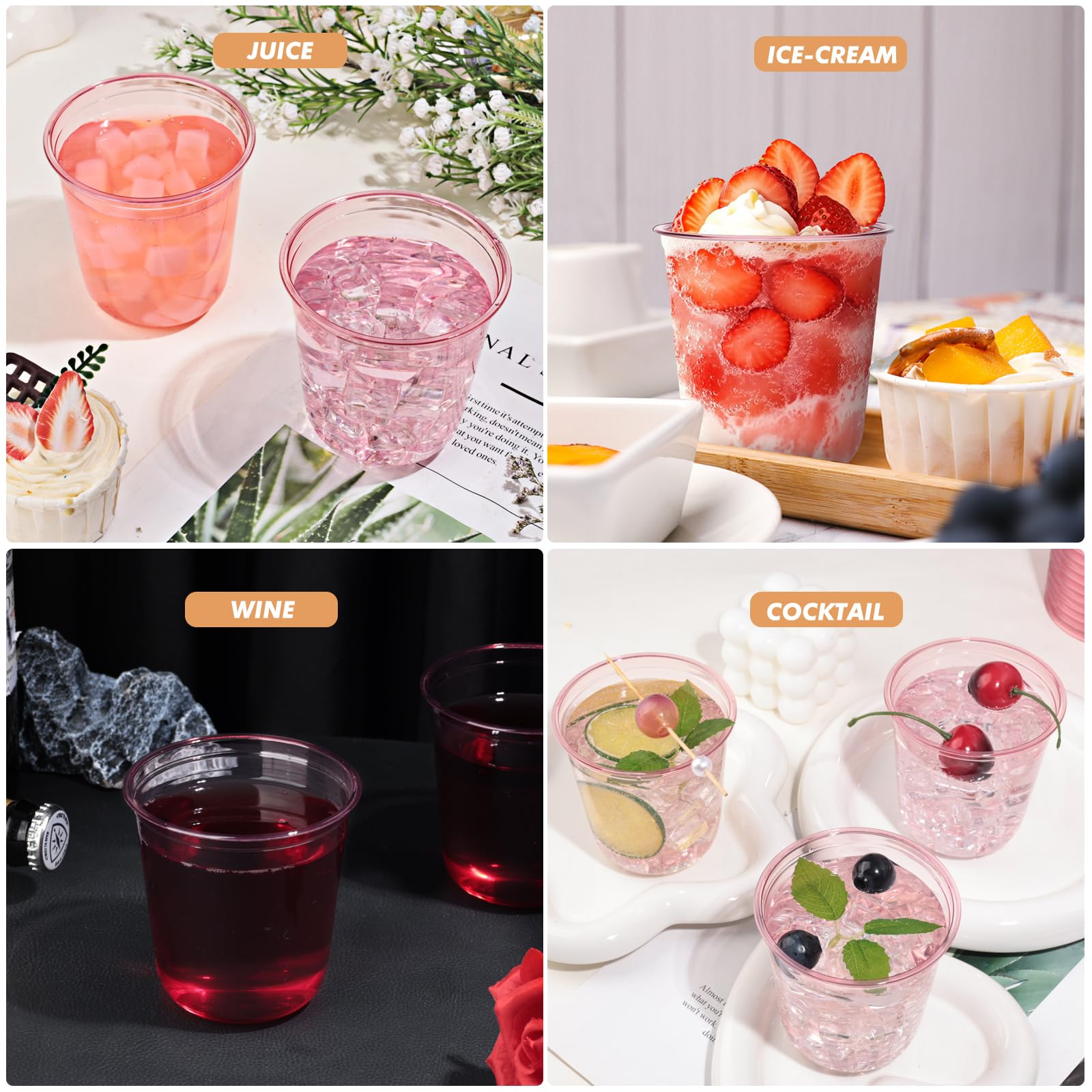 KesaPlan 50-Pack 12oz Pink Plastic Wine Cups | Disposable Stemless Cocktail Glasses for Parties, Weddings & Events | Clear Plastic Drinkware for Christmas Celebrations, Office Meetings & Social Gatherings