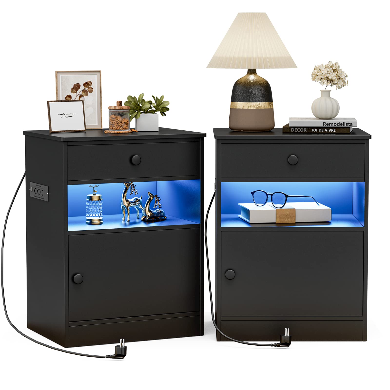IKIFLY Modern Nightstand Set of 2 with USB Charging Station & LED Lights - Bedside End Tables with Drawer, Open Shelf & Storage Cabinet - Perfect for Bedroom, Living Room & Small Spaces (Black)