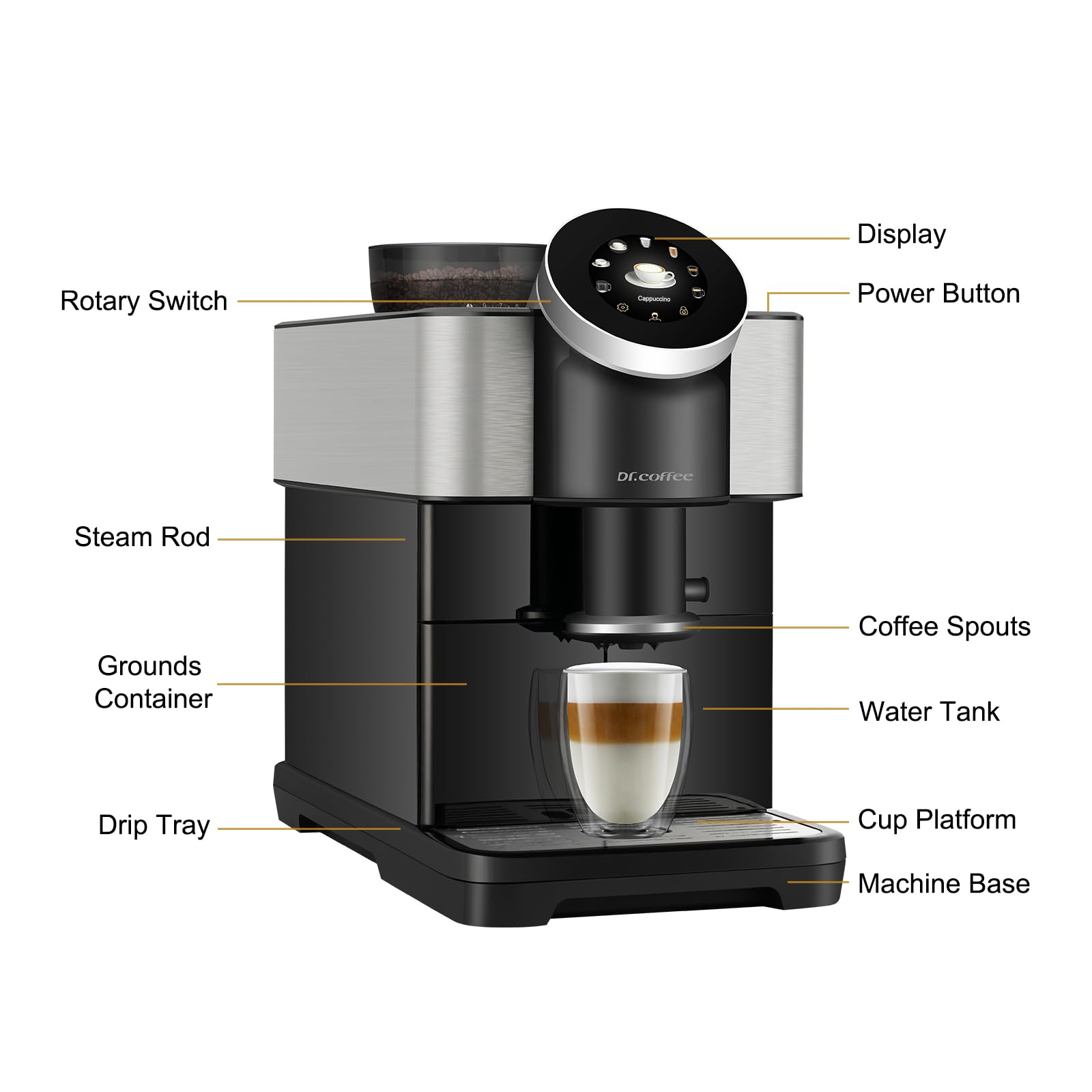 Dr.coffee H2 Fully Automatic Espresso Machine with Milk Frother - Detachable Water Tank & Bean Hopper - Round Touch Screen for Home Use - Onyx Black/Cream White - Perfect for Kitchen, Office & Coffee Shops