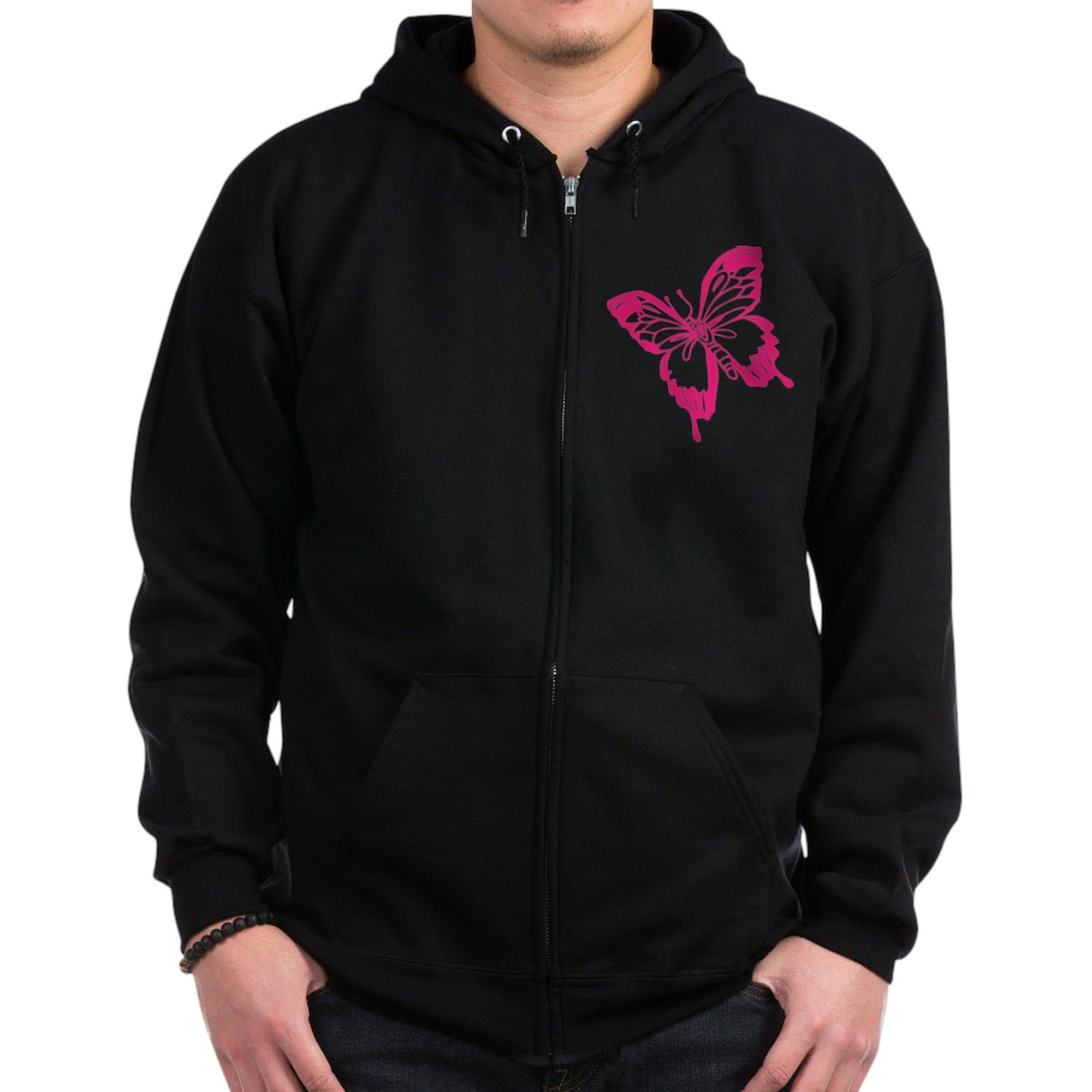 Pink Butterfly Zip Hoodie for Men - Dark Zip-Up Hooded Sweatshirt | Casual Streetwear & Outdoor Activities