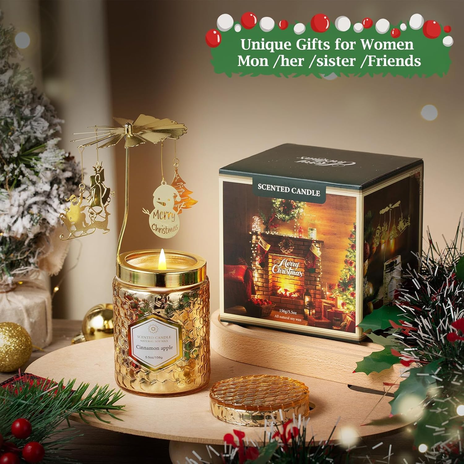 Rotating Cinnamon Apple Scented Candles - Christmas Gifts for Women, Mom, Sister, Wife - Perfect for Holiday Decor, Anniversary & Thanksgiving Celebrations - Home Fragrance & Relaxation