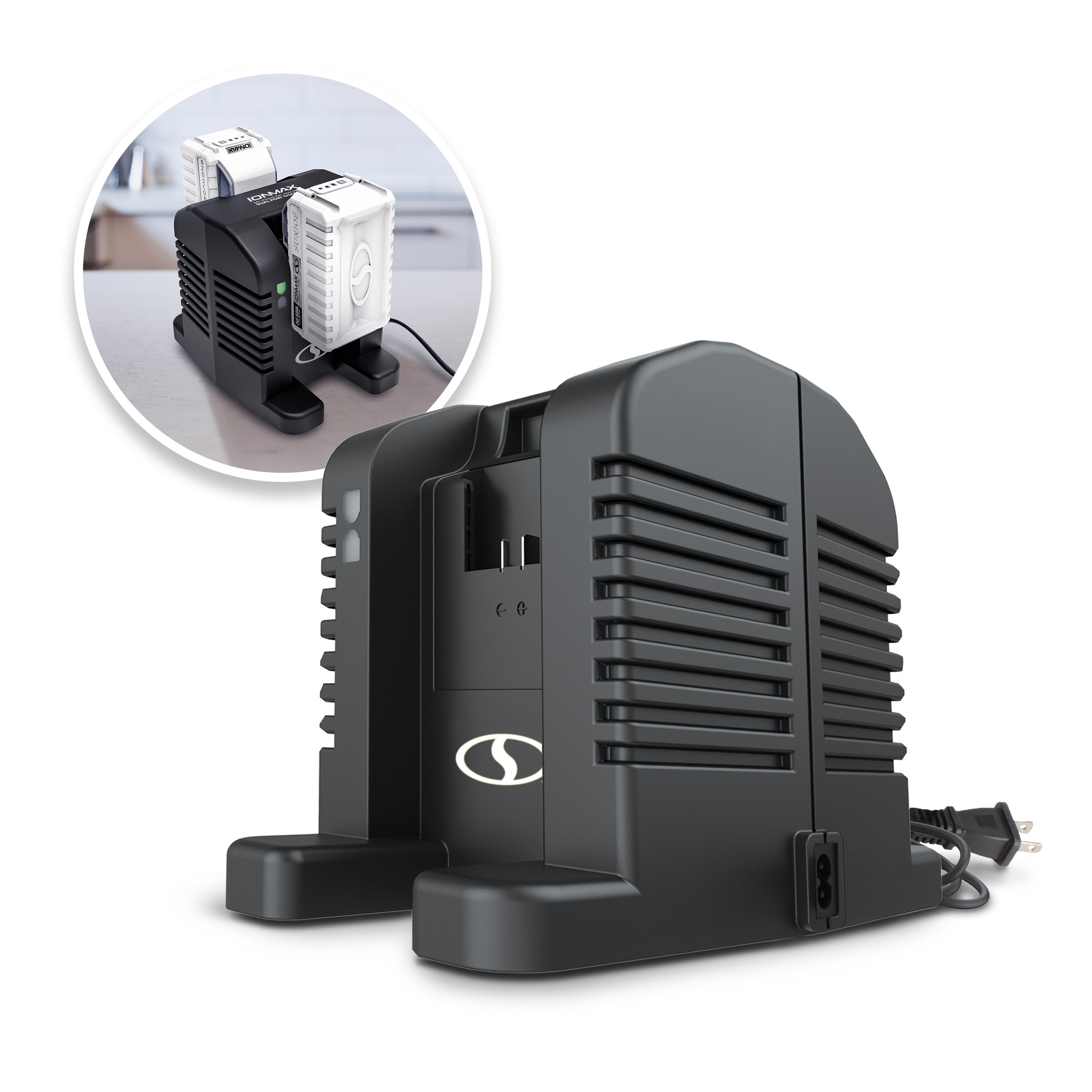 Snow Joe + Sun Joe 24V IONMAX Dual Port High Speed Charger for iBAT24 & 24VBAT Batteries | 26V Output | 260W Input | Fast Charging Dock Station | Perfect for Lawn Mowers, Snow Blowers & Power Tools