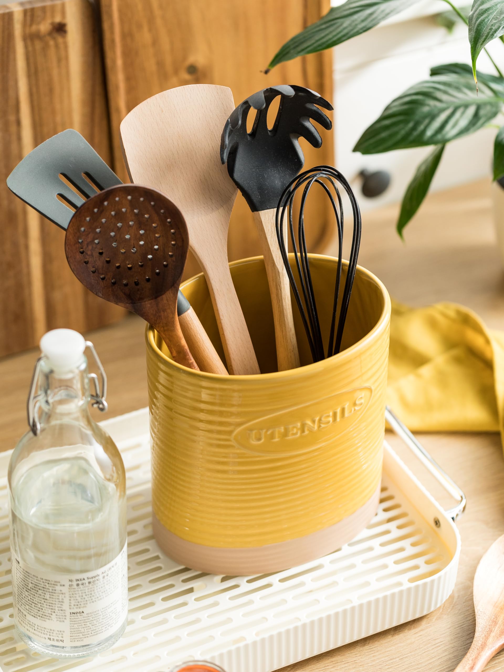 Premium Ceramic Kitchen Utensil Holder - Large Oval Countertop Organizer for Cooking Tools (Yellow) | Perfect for Storing Spoons, Spatulas & Utensils by Stove or Sink
