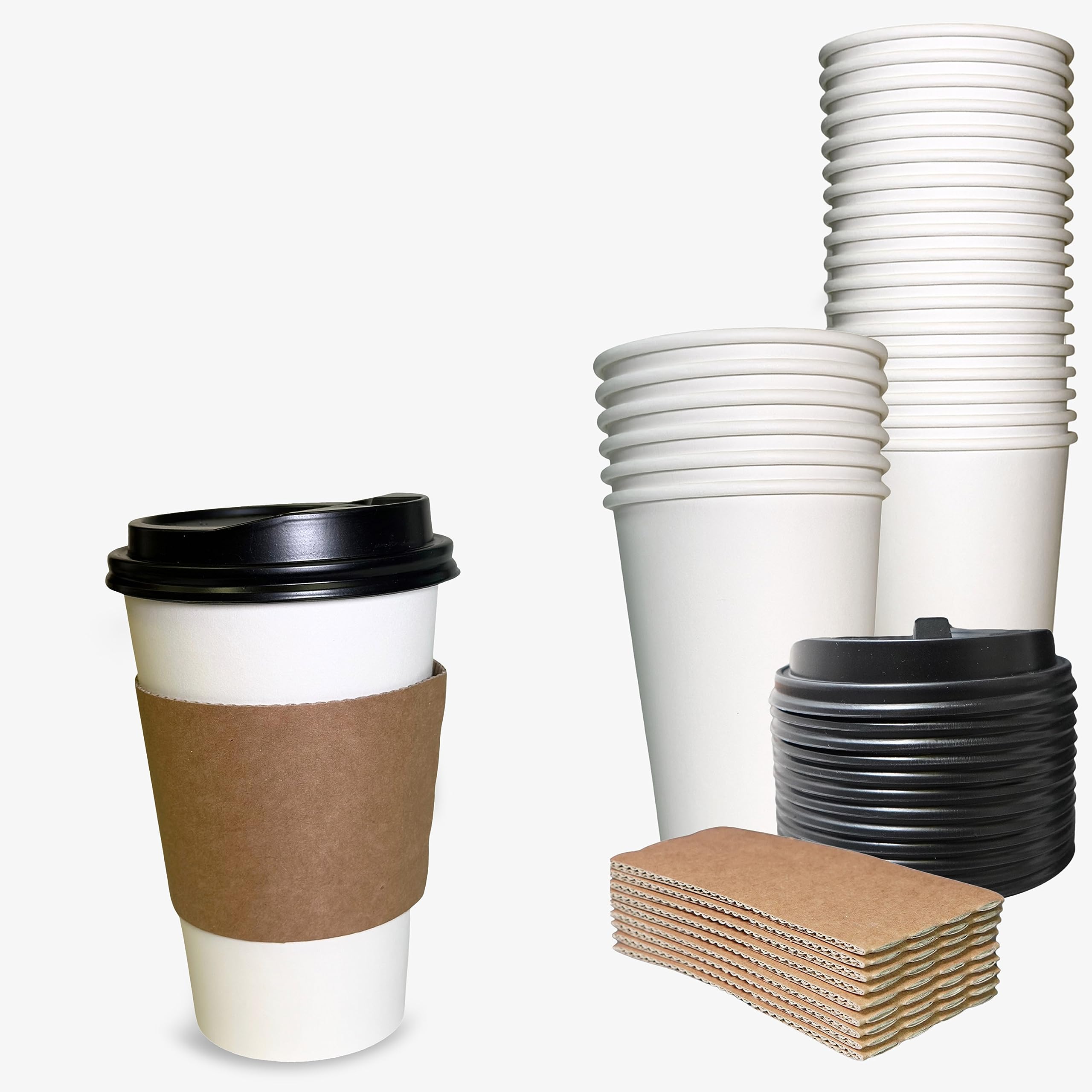EcoQuality 16 oz Disposable White Paper Coffee Cups with Black Dome Lids & Corrugated Sleeves - 1000 Pack for Hot/Cold Beverages, Ideal for Coffee Shops, Offices, Travel, Picnics, and Events