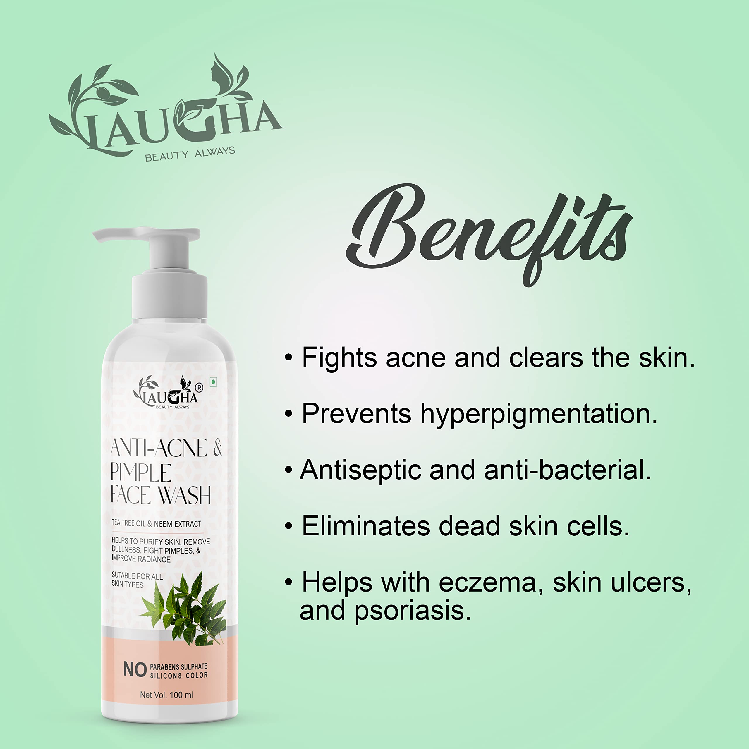 Laugha Anti Acne & Pimple Face Wash for Oily Skin - Tea Tree Oil, Neem & Aloe Vera Formula for Acne Marks Removal & Glowing Skin (Pack of 2, 200ml) | Daily Cleanser for Clear Complexion & Breakout Prevention