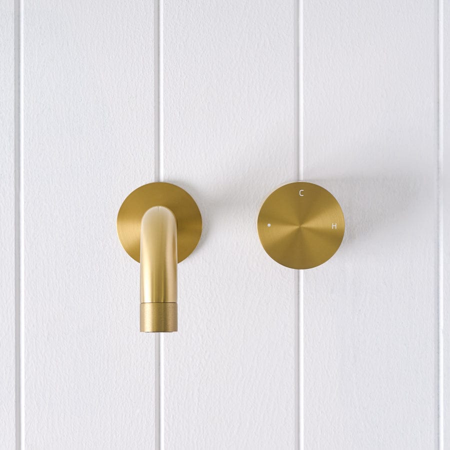Sydney Wall Spout with Progressive Mixer in Brushed Brass - Modern Bathroom Faucet for Sink, Vanity, and Luxury Home Decor