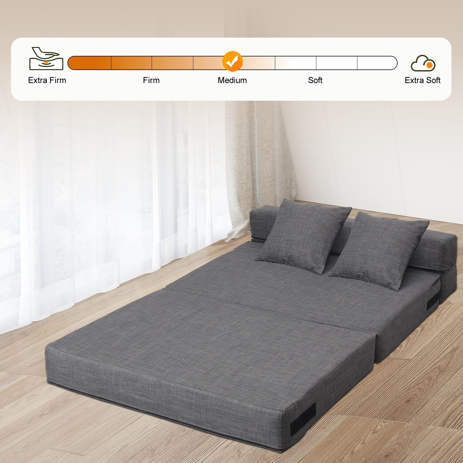 Queen Size Folding Sofa Bed with Memory Foam - 3-in-1 Convertible Sleeper Chair, Futon & Guest Bed - Includes 2 Pillows & Washable Dark Gray Cover - Perfect for Small Spaces, Guest Rooms & Apartments