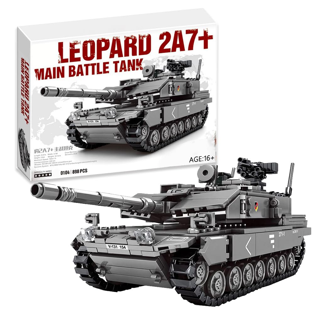 NVOSIYU WWII Military Building Blocks - 898-Piece Leopard 2A7 Tank Model with 4 Soldier Figures | Lego-Compatible Army Tank Set | Collectible War Model for Adults | Perfect for History Buffs, Military Enthusiasts & Display Collections