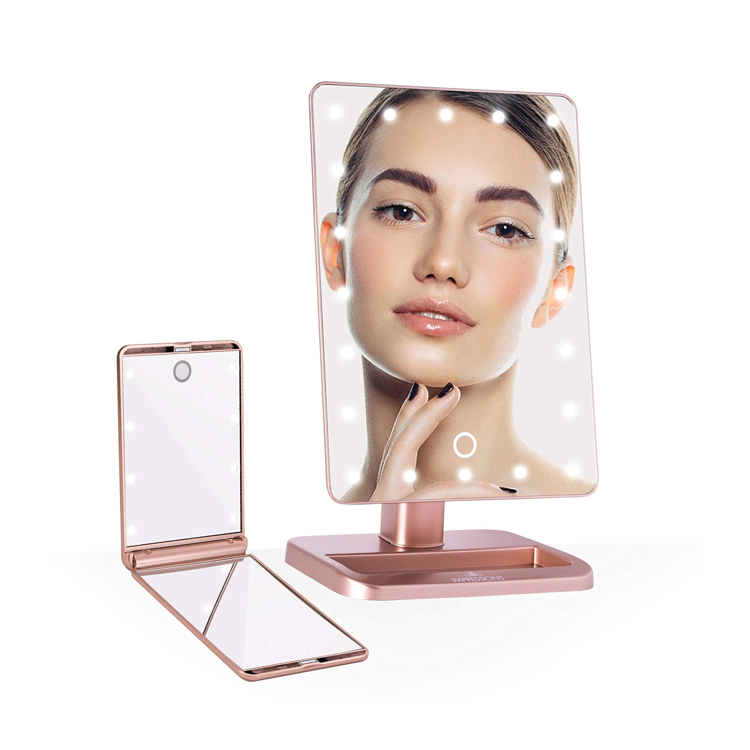 Impressions Touch XL & Touchup Makeup Mirror Set with Magnifying Glass - LED Vanity Mirror with Touch Sensor Switch (Rose Gold) | Perfect for Professional Makeup Artists & Home Beauty Stations