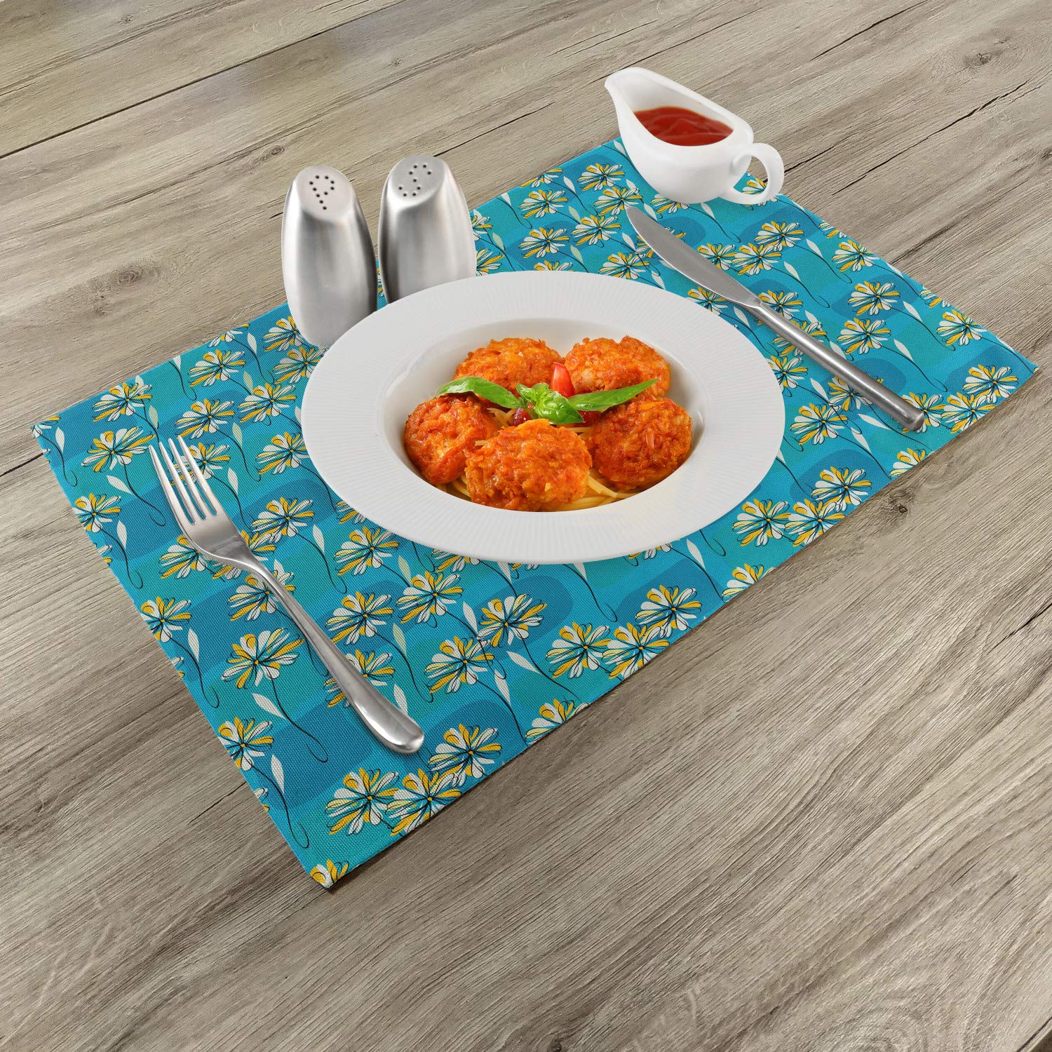 Ambesonne Floral Place Mats Set of 4 - Modern Abstract Daisy & Leaf Design Washable Fabric Placemats for Dining Table, Kitchen Decor in Blue, Yellow & White | Perfect for Spring Decor, Dinner Parties & Everyday Meals