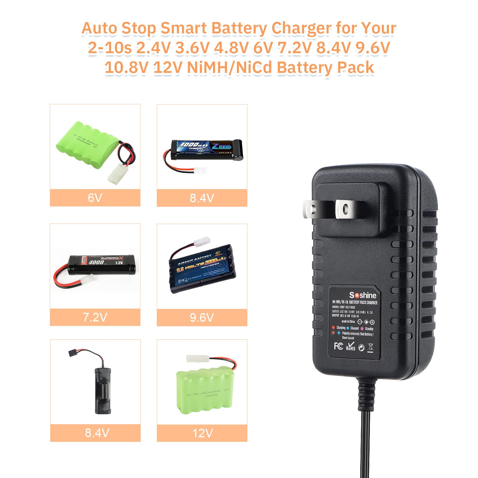 Fast RC Battery Charger for 4.8V-12V NiMH/NiCD Battery Packs - Universal Airsoft & Traxxas Charger (Blue/Red) - Perfect for RC Cars, Drones, and Remote Control Toys