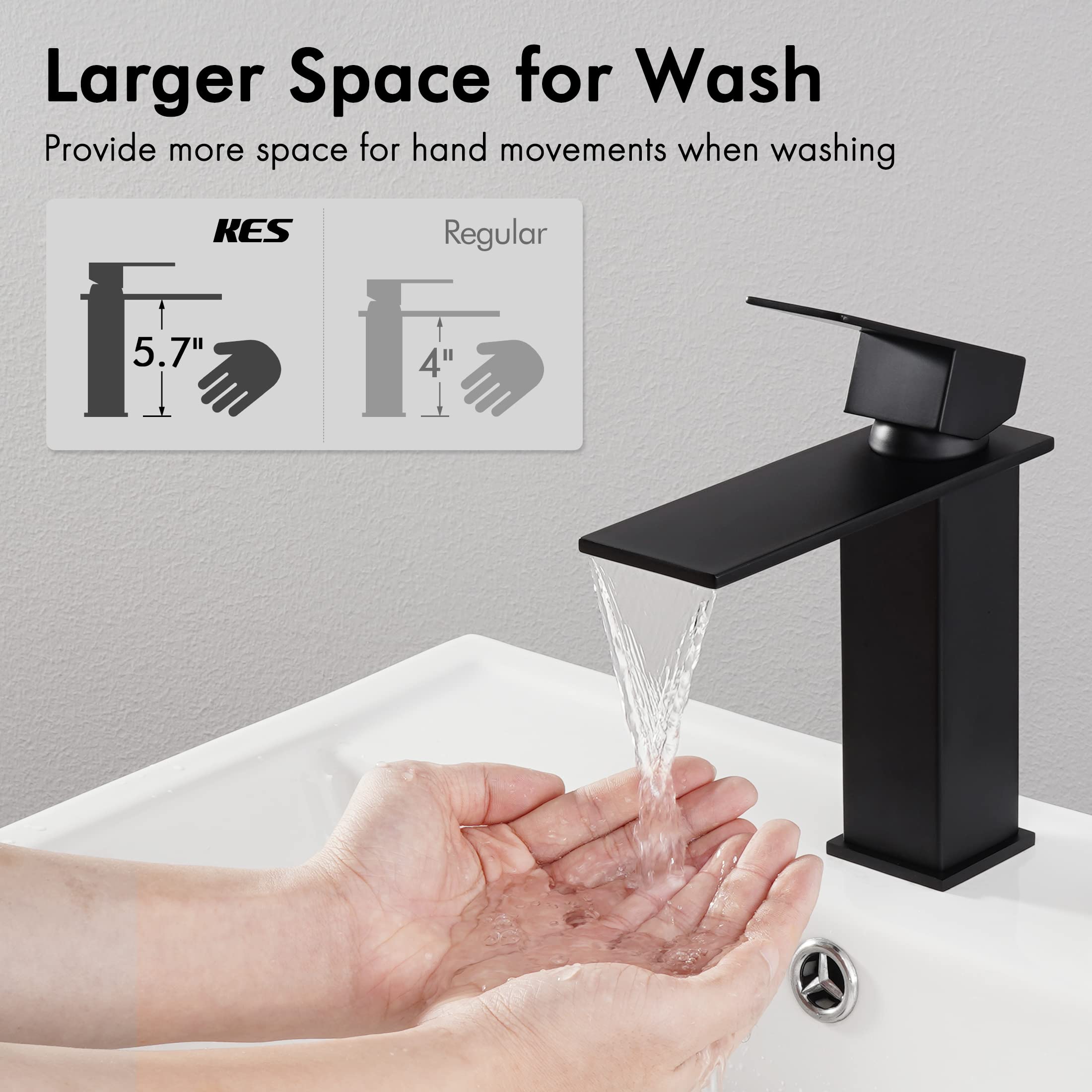 KES Single Hole Black Bathroom Sink Faucet - Waterfall Spout with Supply Lines, SUS304 Stainless Steel (Model L3158ALF-BK) - Perfect for Modern Bathroom Vanities and Powder Rooms