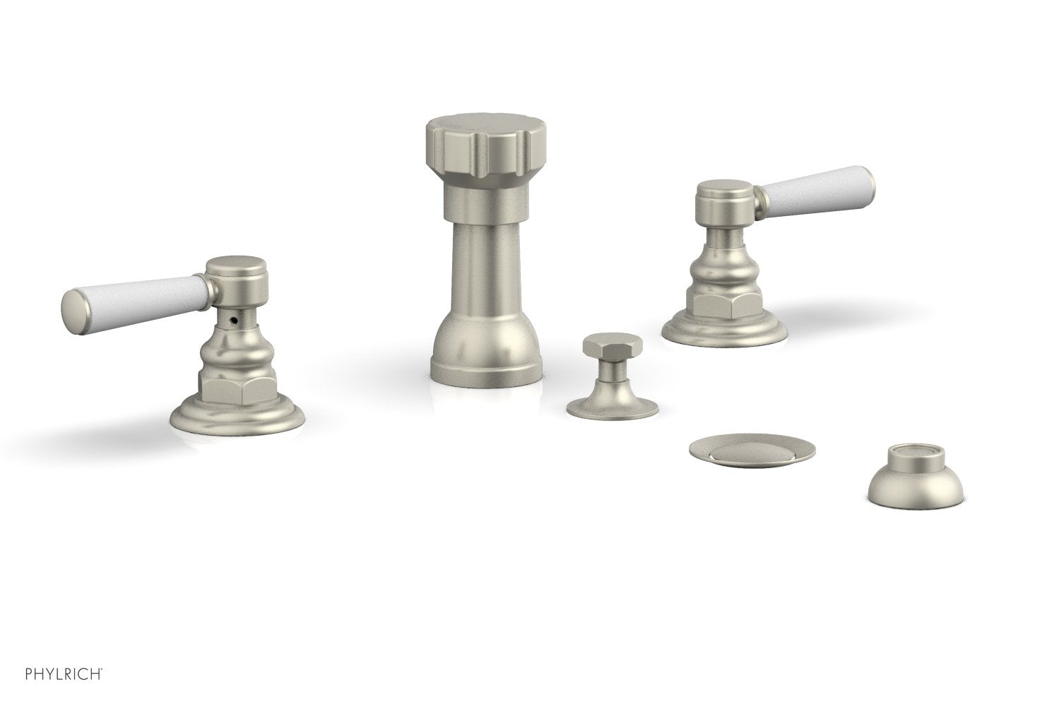 HEX TRADITIONAL Four Hole Bidet Faucet Set with Satin White Lever Handles - Model 500 61 - Perfect for Bathroom Renovation and Modern Toilet Upgrades