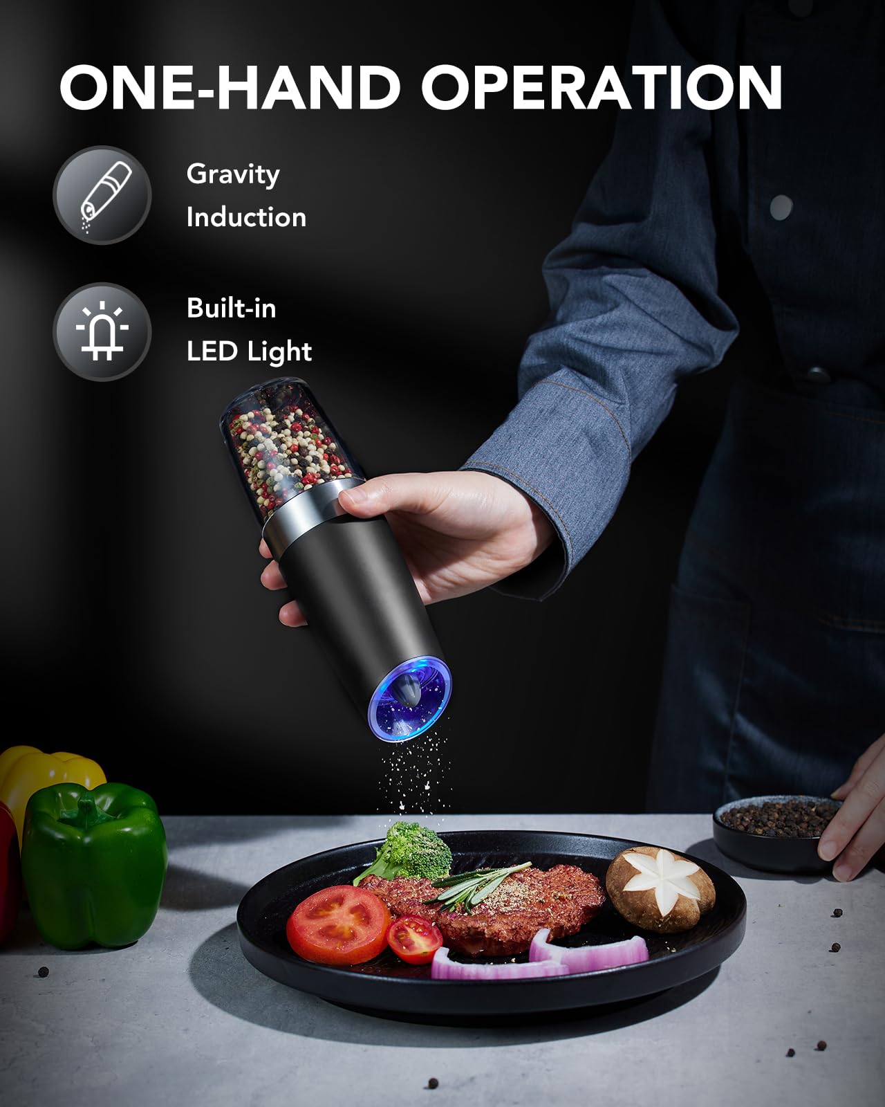 FORLIM Gravity Electric Salt and Pepper Grinder Set - Battery Powered Automatic Mill with Adjustable Coarseness & LED Light - One Hand Operation Premium Kitchen Gadget for Cooking, Dining & Spice Grinding (Black)