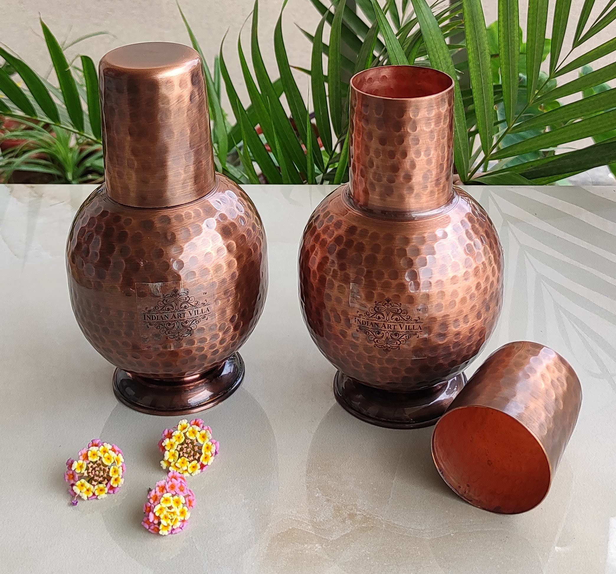 Pure Copper Water Bottle with Inbuilt Glass & Antique Surahi Design - 25oz (Pack of 2) | Indian Art Villa | Elegant Drinkware for Bedroom, Office & Travel | Ayurvedic Health Benefits