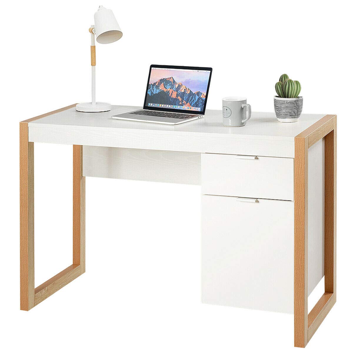 Modern Home Office Computer Desk - Ergonomic Laptop Workstation for Studying, Writing & Gaming with Wide Tabletop, Storage Cabinet & Large Drawer | Perfect for Small Spaces, Remote Work & Online Classes