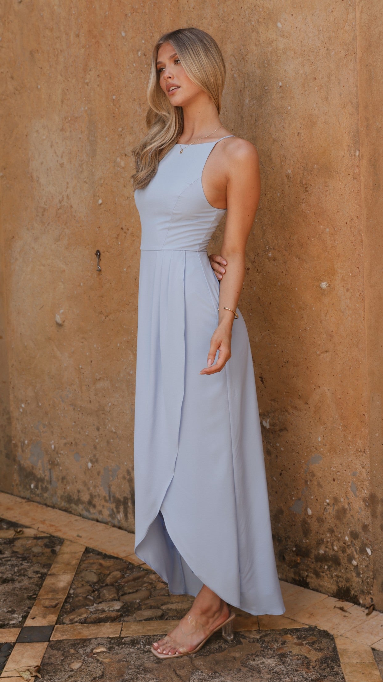 Elegant Genevieve Boat Neck Maxi Dress in Blue - Perfect for Summer Weddings & Beach Vacations