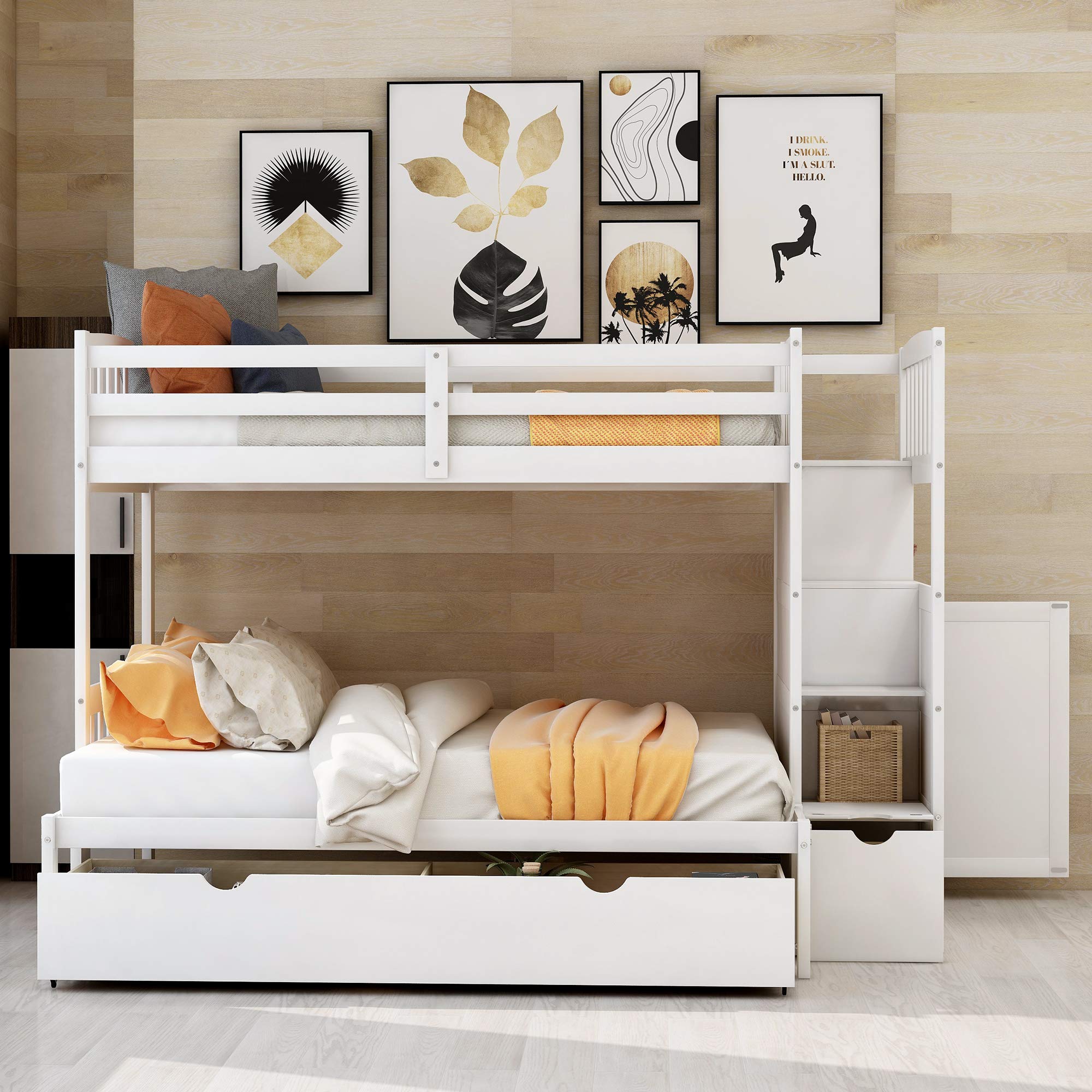 Convertible Twin Over Full Bunk Bed with Storage - Solid Wood Frame for Kids & Adults - Space-Saving Bedroom Furniture for Small Rooms