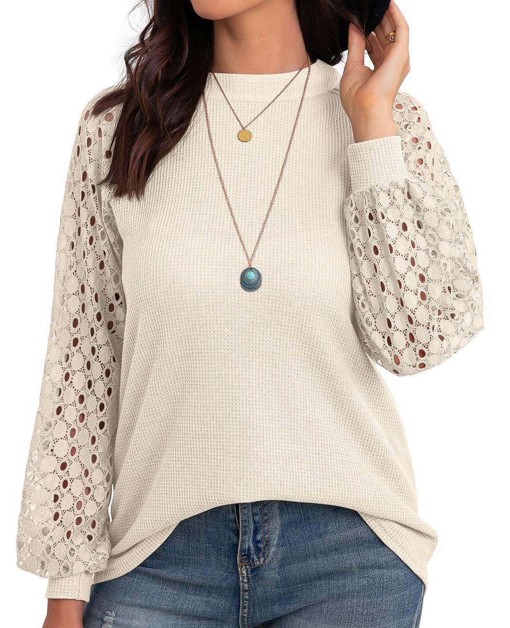 IWOLLENCE Women's Waffle Knit Blouse - Puff Long & Short Sleeve Lace Tops, Casual Loose T-Shirts for Everyday Wear, Office & Date Night Outfits