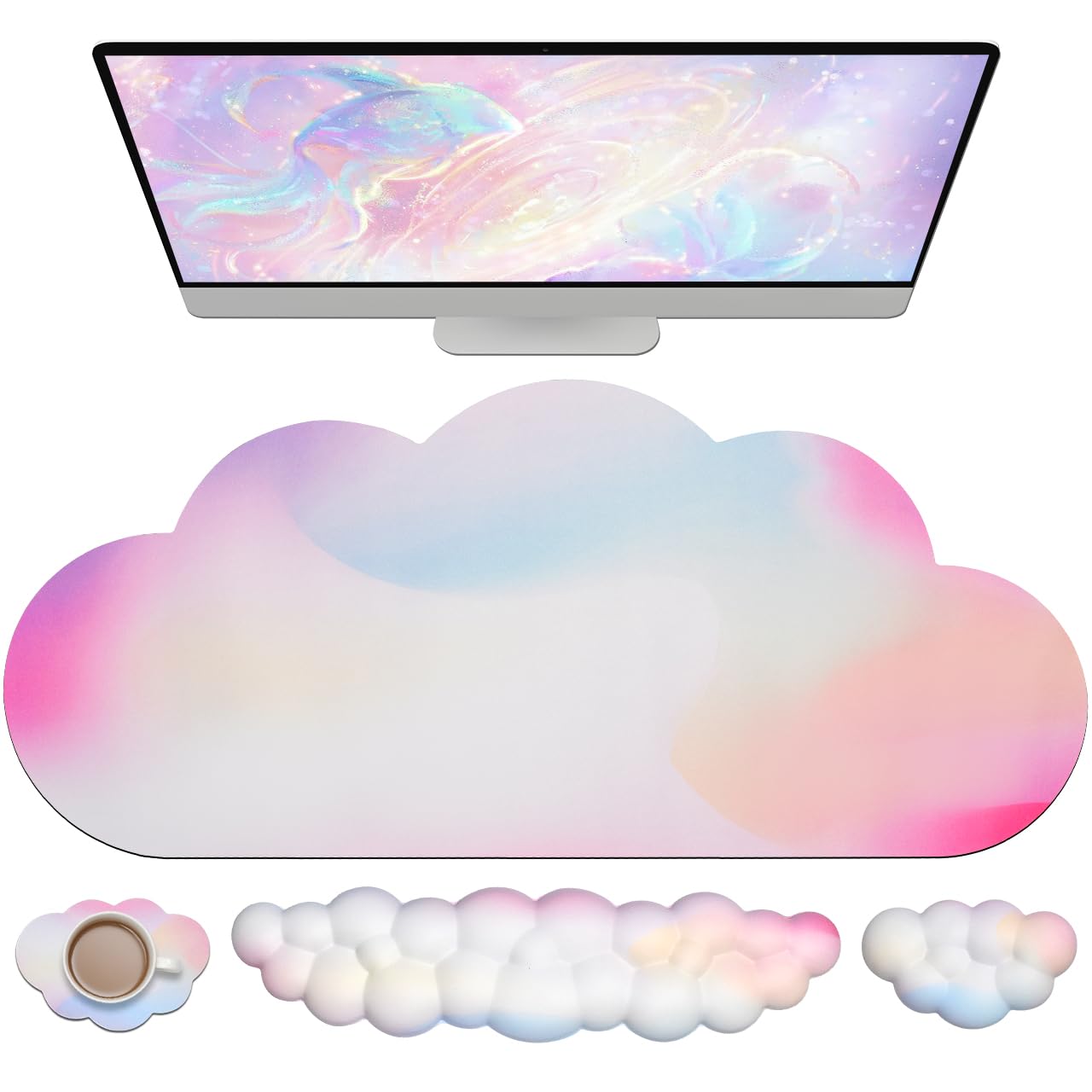 JIKIOU Large Cloud Mouse Pad Set - Waterproof Ergonomic Desk Wrist Support for Keyboard & Mouse (35.4x15.7in) with Rainbow Design | Perfect for Office, Gaming & Home Computer Workstations