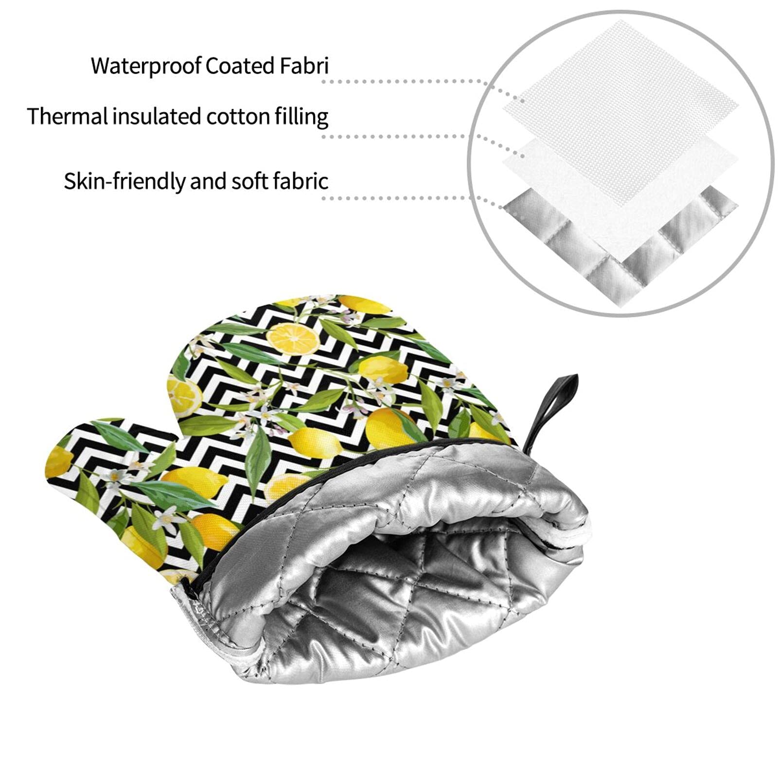 Heat Resistant Oven Mitts and Pot Holders Set - Lemon Black White Chevron Pattern Kitchen Gloves with Cotton Liner for Baking, Cooking, Grilling & BBQ - Perfect for Microwave, Stovetop and Outdoor Cooking