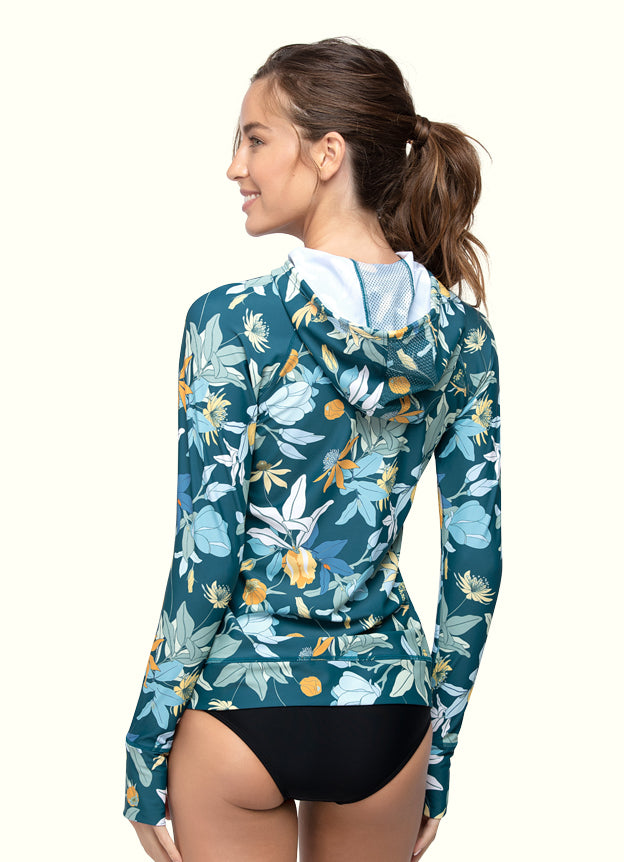 Flora Hoodie Rash Guard UPF 50+ Long Sleeve Swim Shirt for Women - Sun Protection Beachwear by Italy Artist x Axesea | Perfect for Surfing, Swimming & Outdoor Water Activities